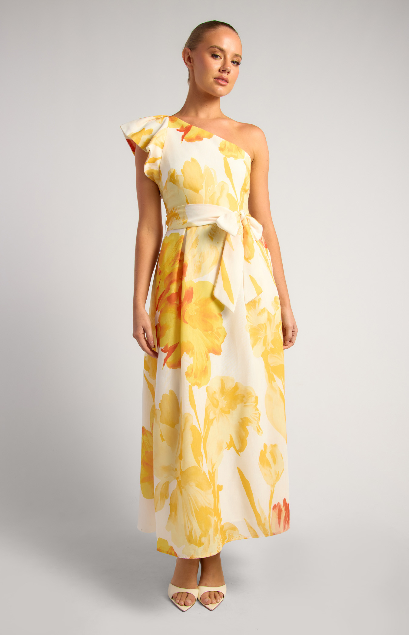 One Shoulder Ruffle Sleeve Floral Midi Dress (SDR1805A) 