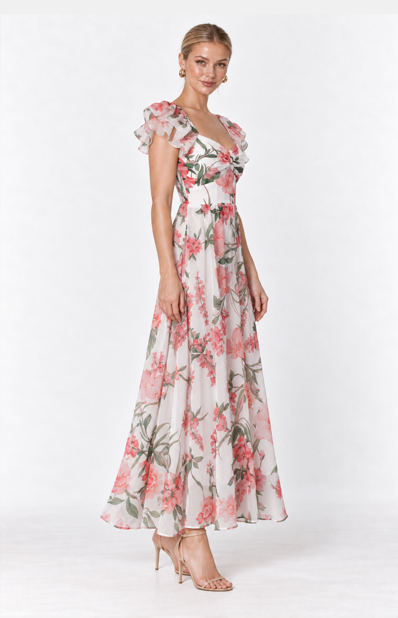 Floral Print Sweetheart Neckline Chiffon Dress (SDR1808-2A)