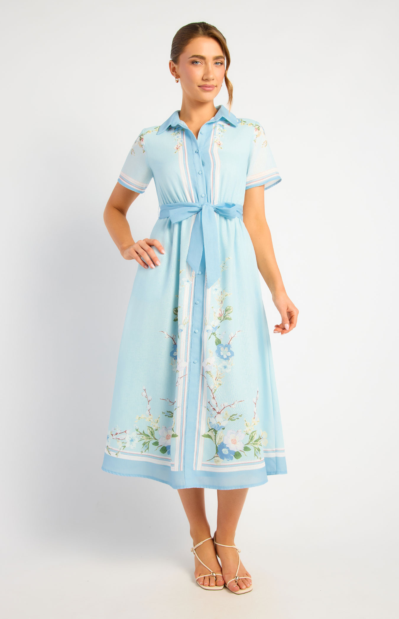 Faux Linen Border Floral Print Shirt Dress (SDR1825-2A)