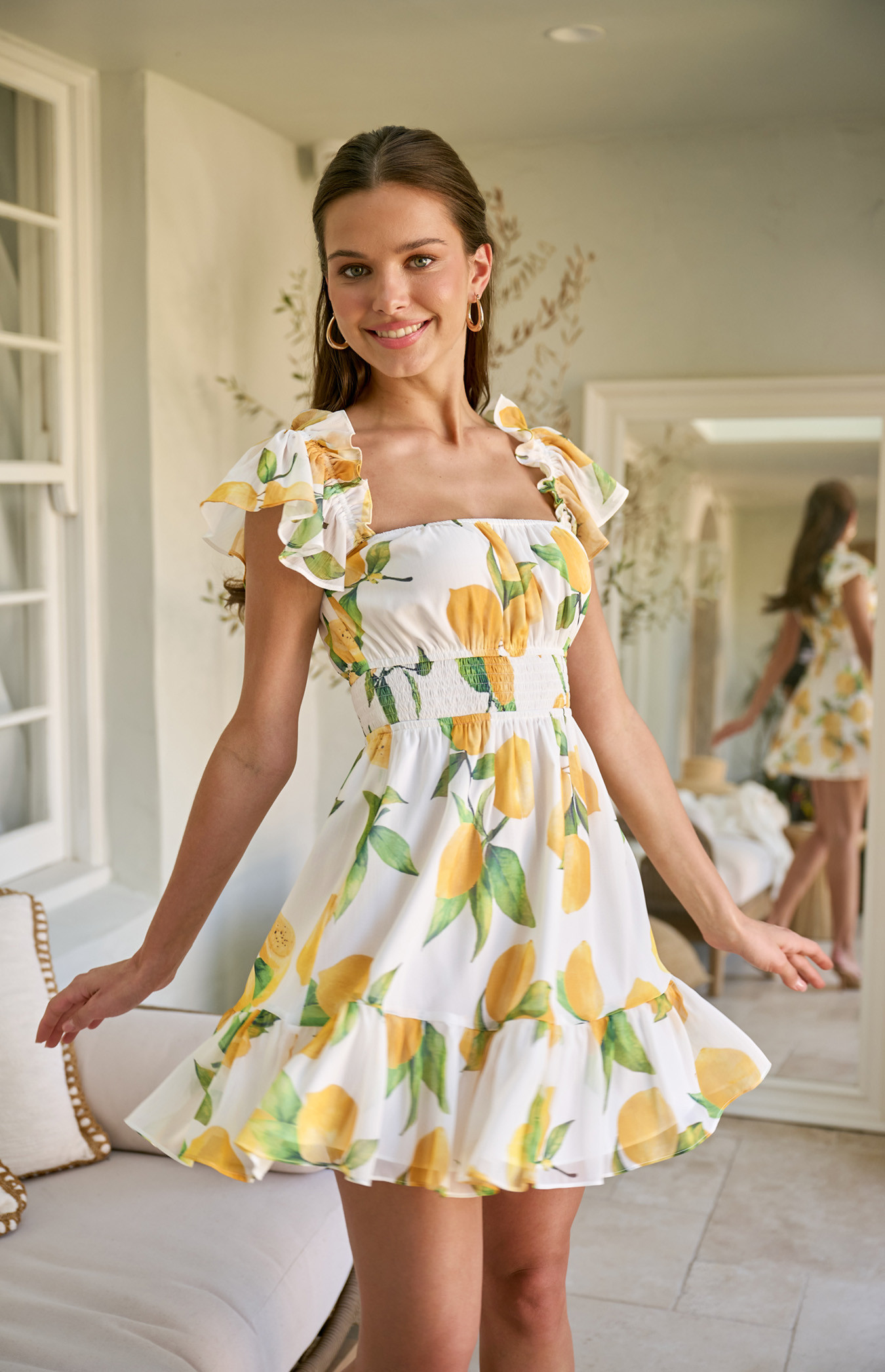 Chiffon Lemon Print Dress With Shirred Waist Detail (SDR1839A) 
