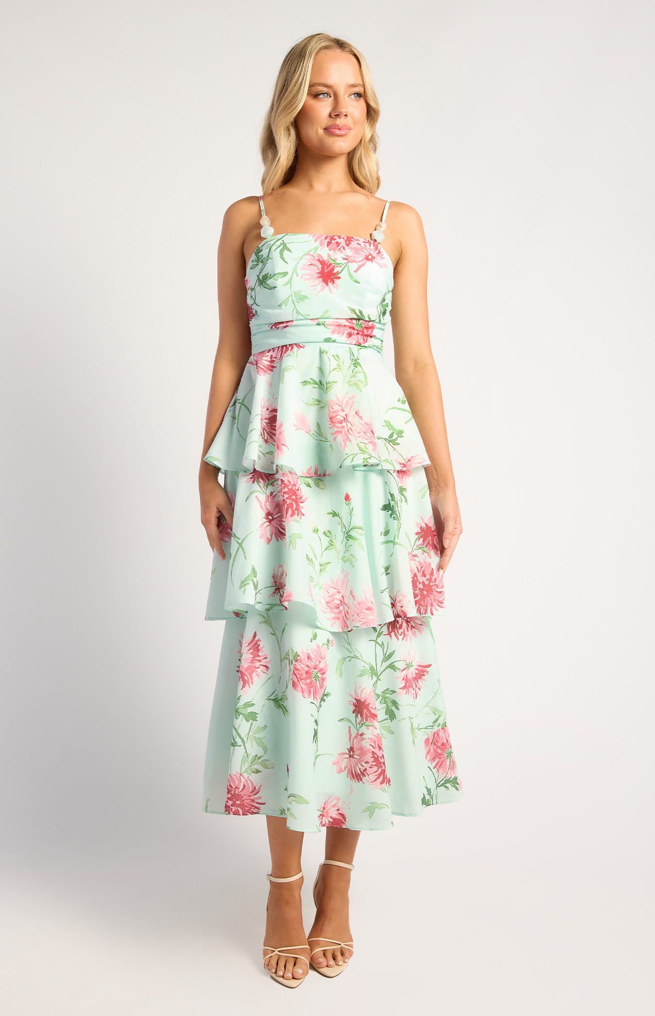 Wispy Florals Tiered Hem Midi Dress With Beaded Strap Details (SDR1841A)
