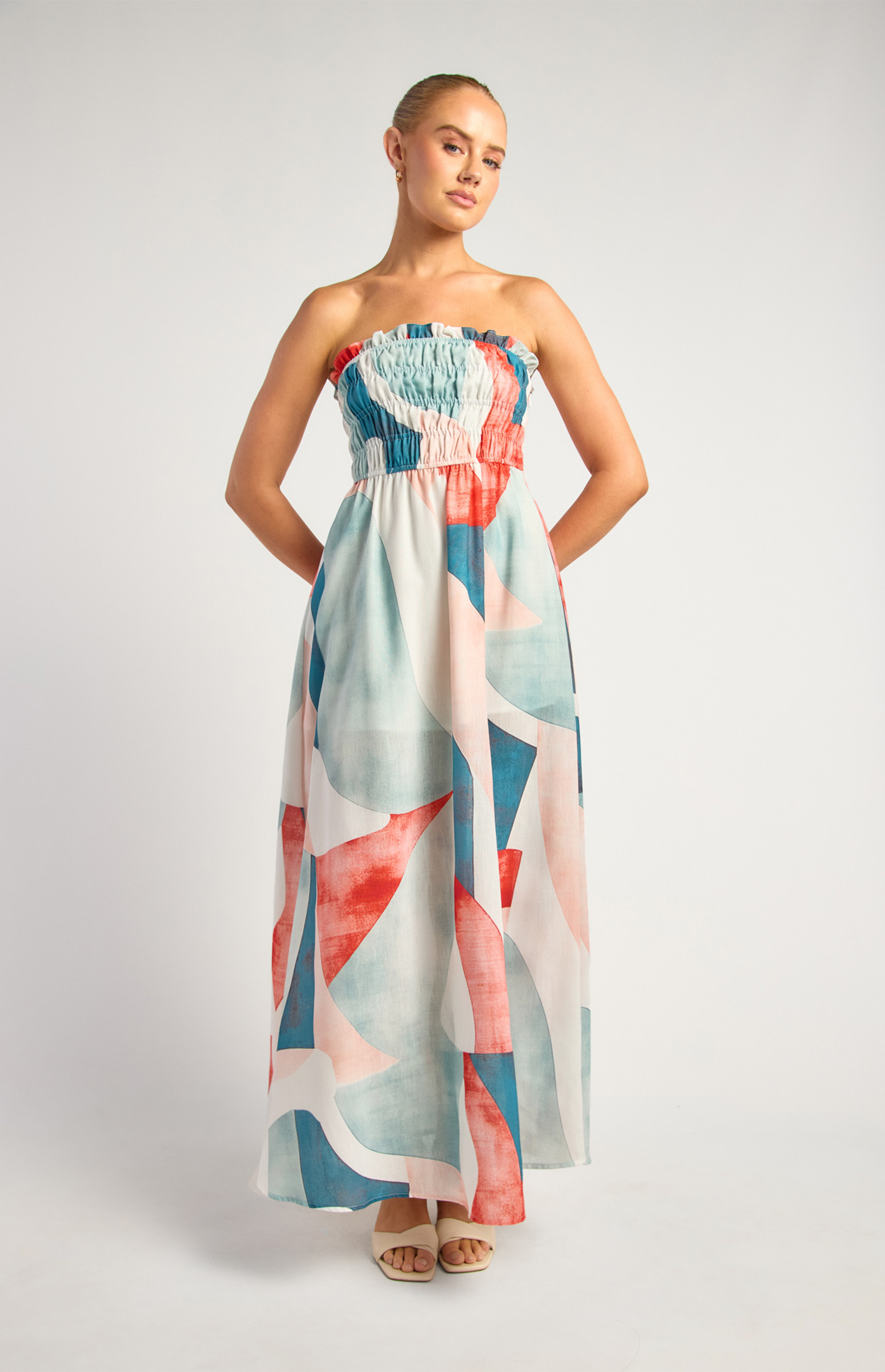 Faux Linen Strapless Shirred Bodice Maxi Dress (SDR1842-2A)