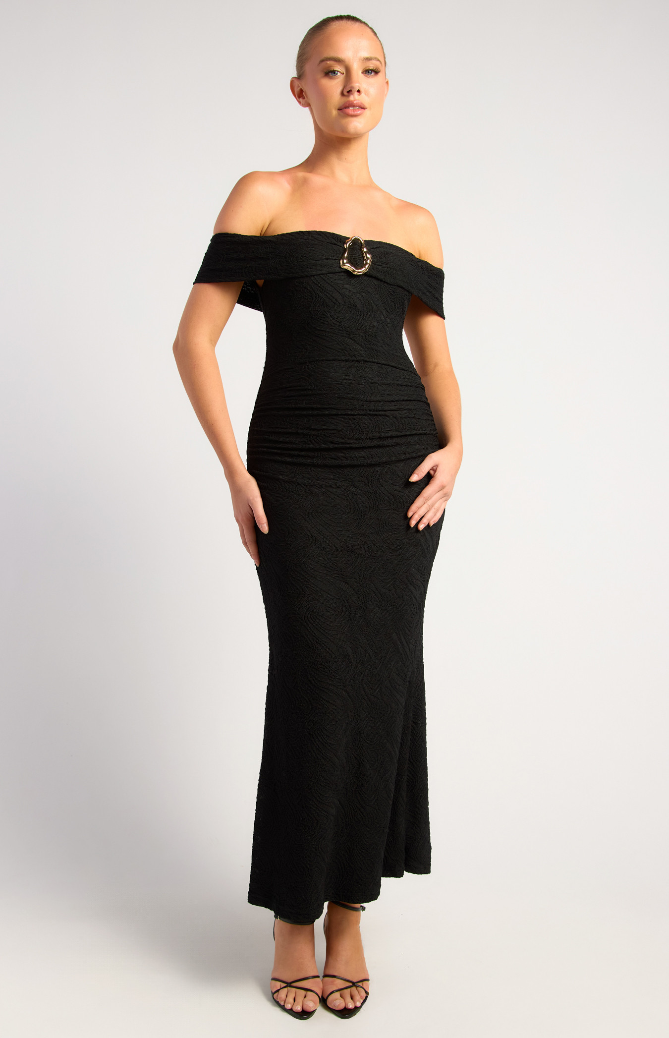 Off Shoulder Stretch Lace Maxi Dress With Gold Feature Buckle (SDR1851A)