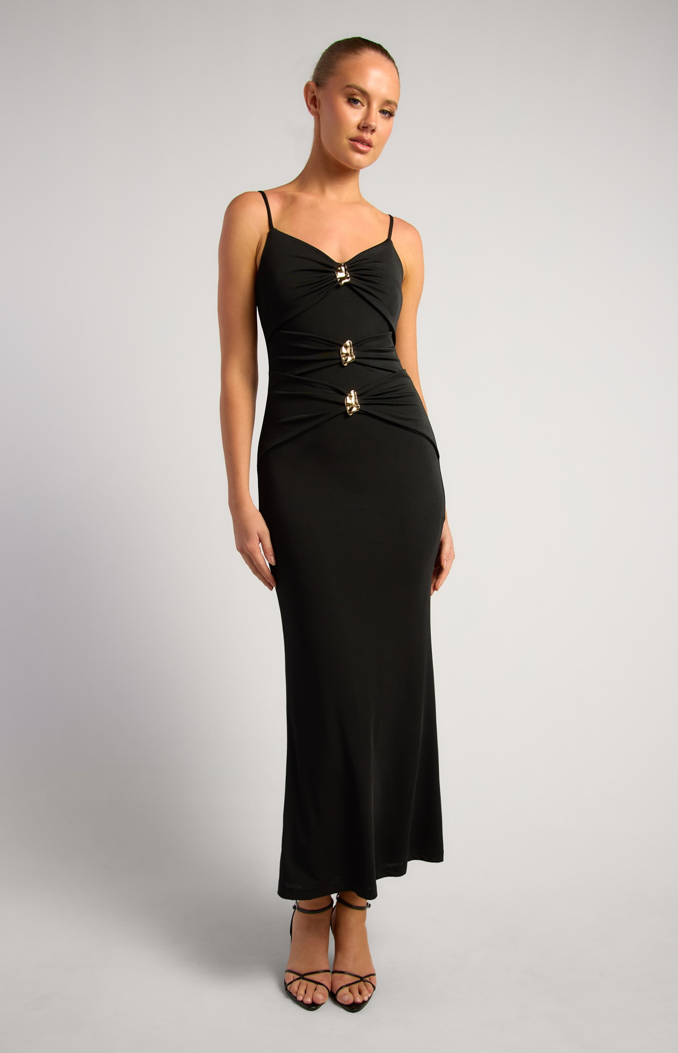 Gold Feature Buckle Tiered Ruche Panel Maxi Dress (SDR1859A)