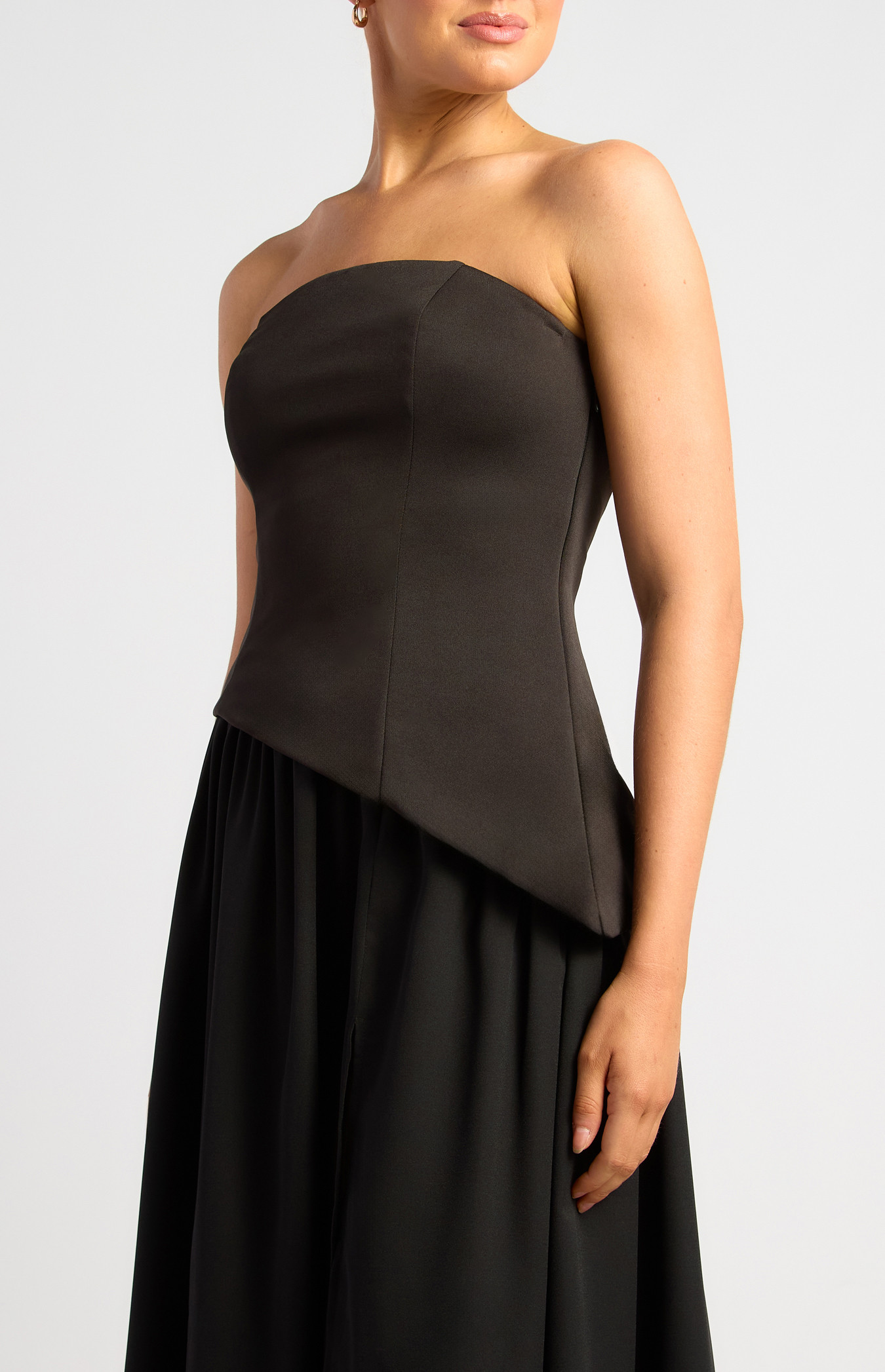 Contrast Fabric Strapless Maxi Dress With Asymmetric Bodice (SDR1872A)