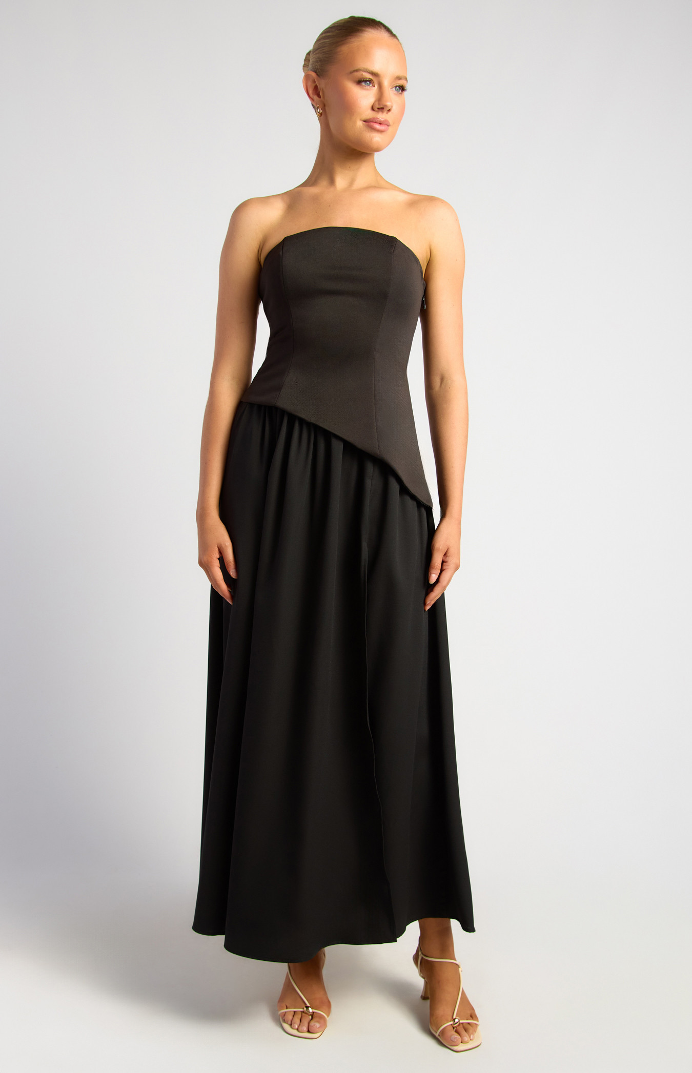 Contrast Fabric Strapless Maxi Dress With Asymmetric Bodice (SDR1872A)