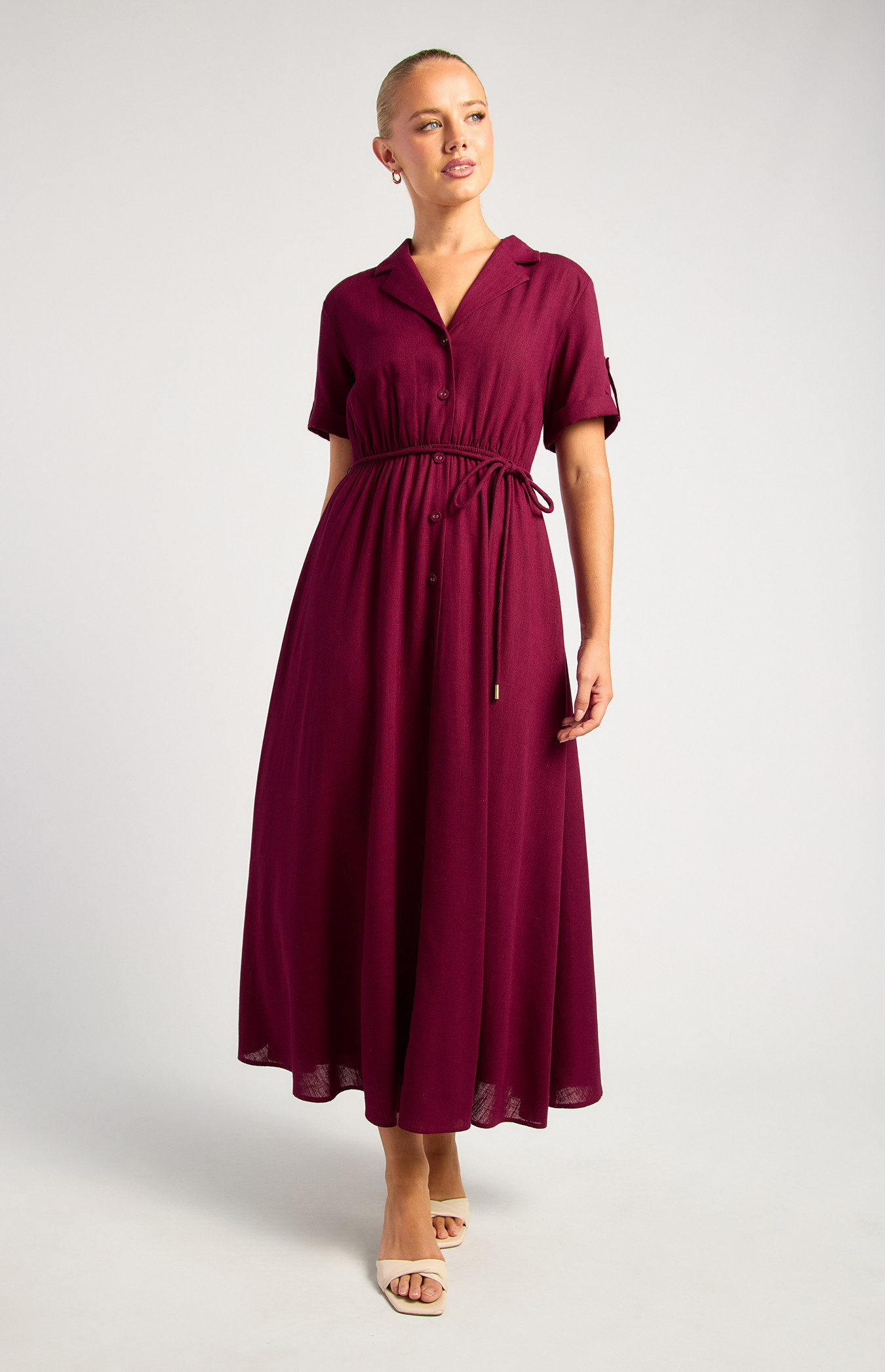 Linen Blend Front Button Up Dress With Cuffed Sleeves And Belt (SDR1881A)