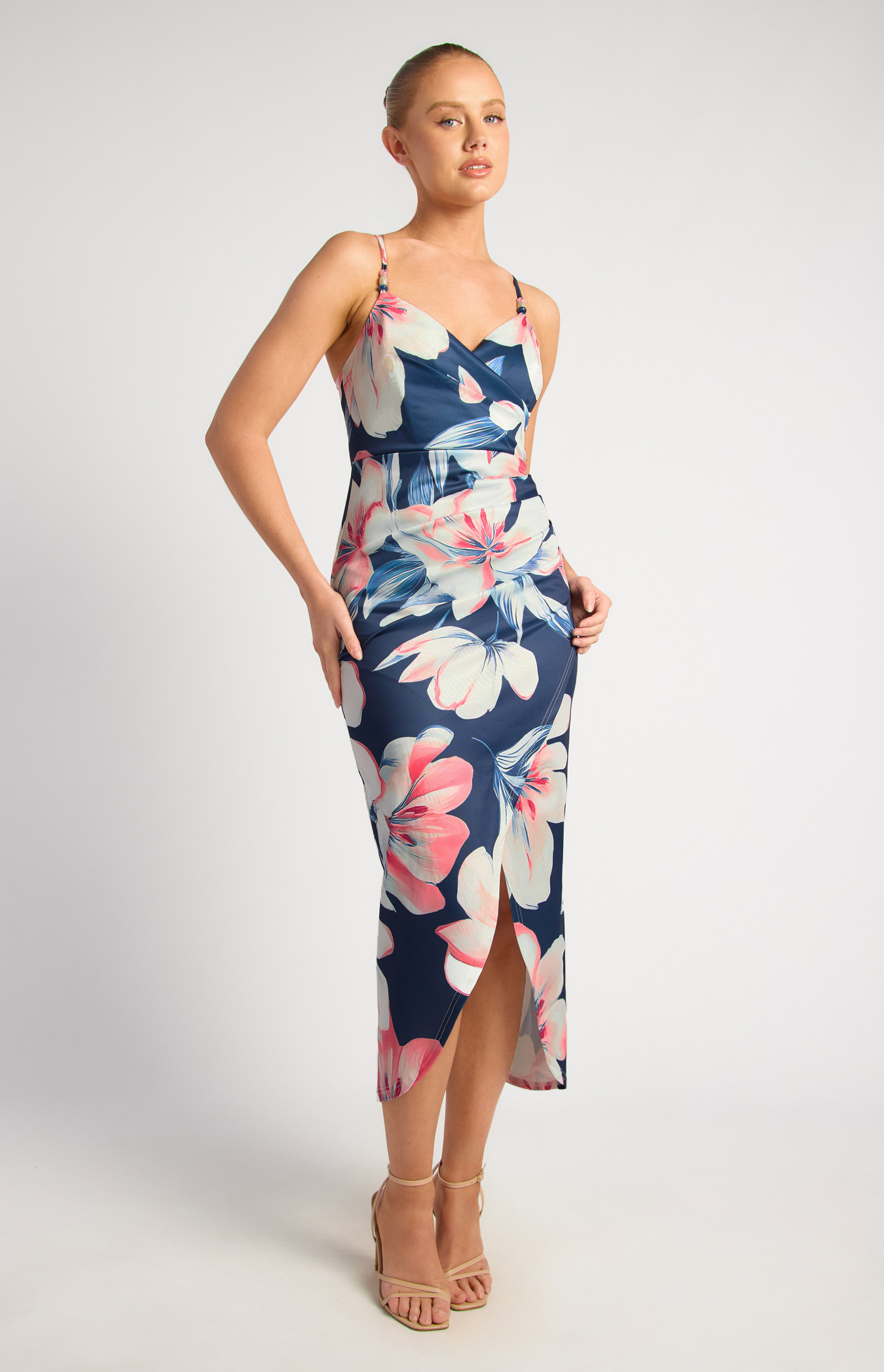 Floral Stretch Bodycon Dress With Beaded Strap Details (SDR1890A)