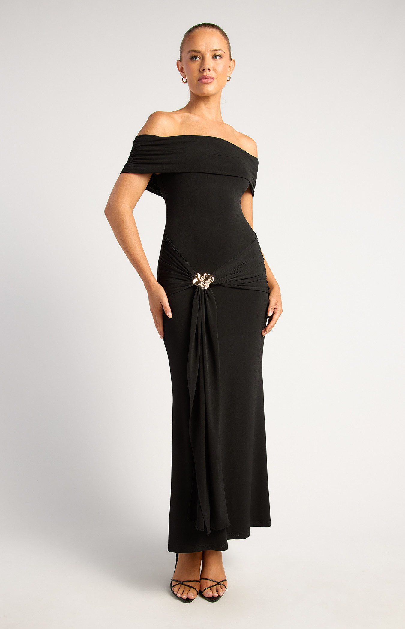 Off Shoulder Front Sash And Gold Floral Buckle Jersey Dress (SDR1896A)