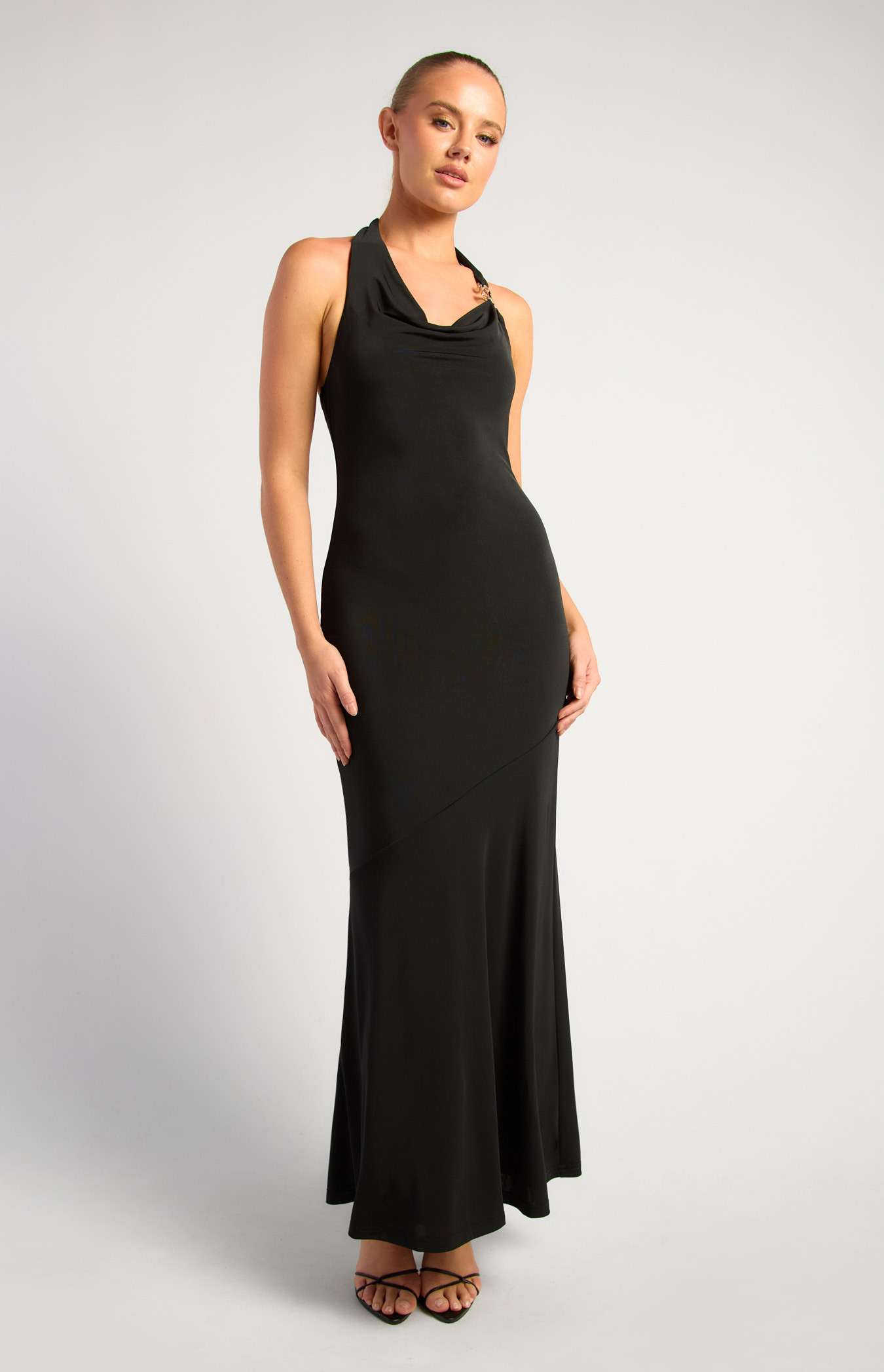 Halter Neckline Gold Feature Buckle Cowl Neck Maxi Dress (SDR1900A)