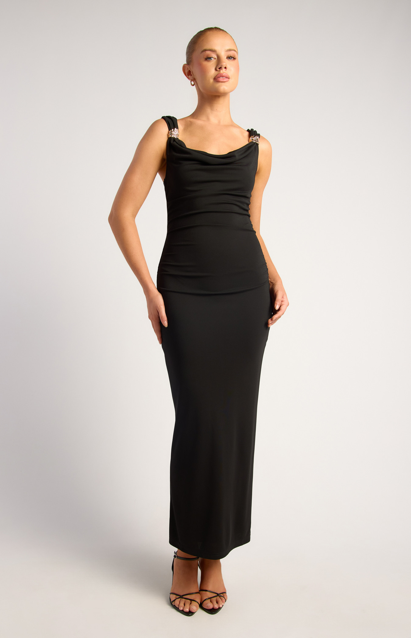 Cowl Neck Gold Textured Toggle Stretch Jersey Maxi Dress (SDR1901A)