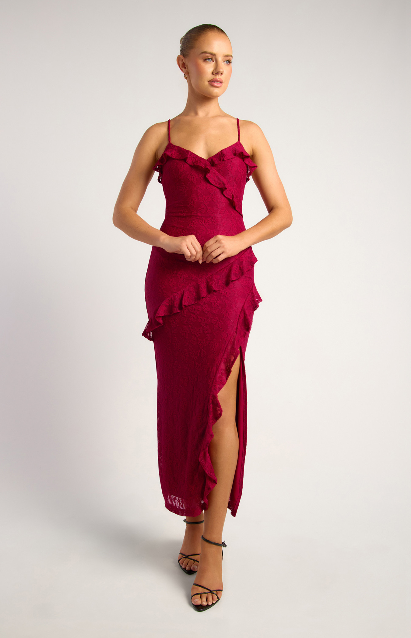 Front Frill Detail Stretch Lace Dress With Leg Split (SDR1903A)