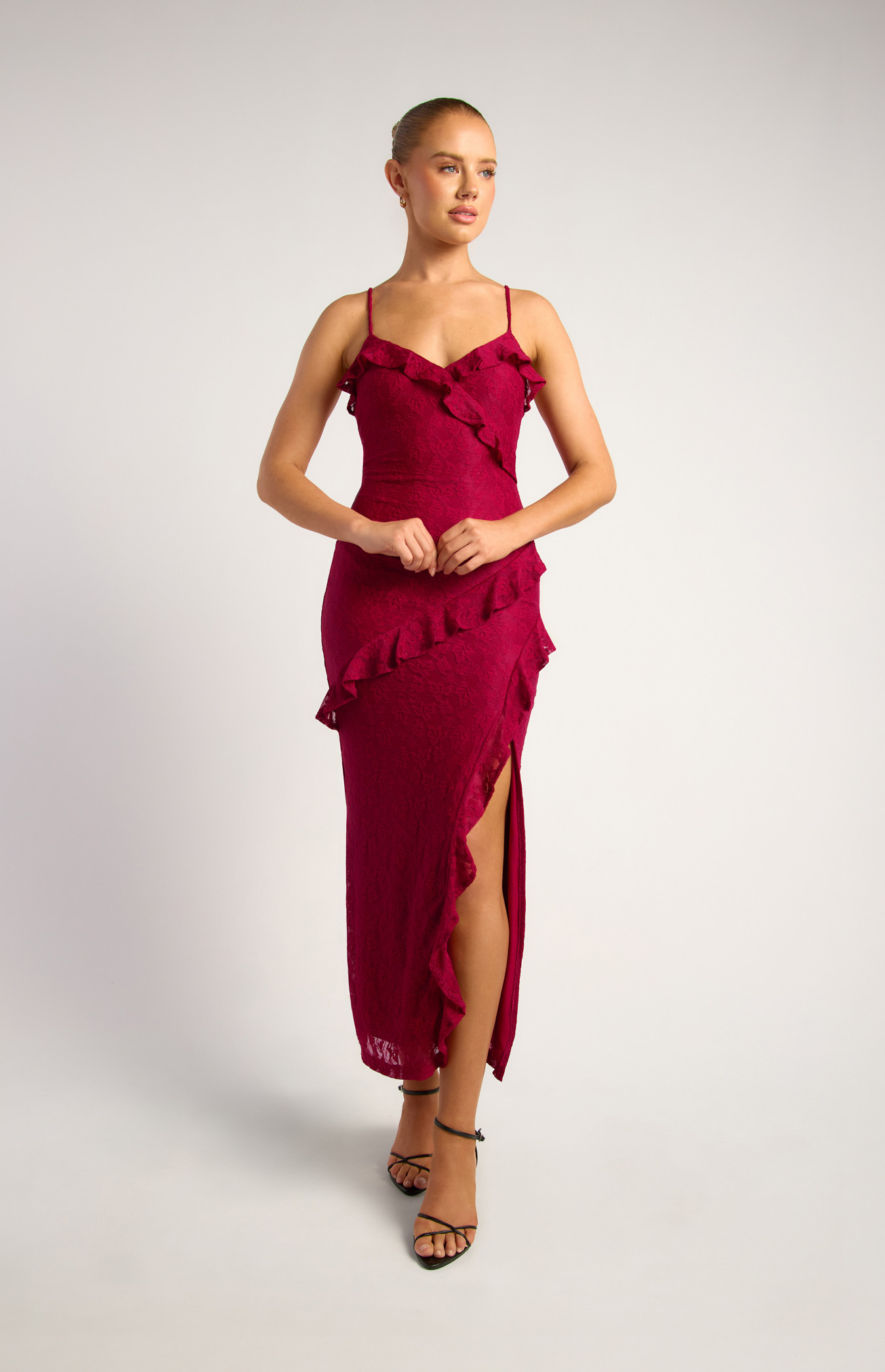 Front Frill Detail Stretch Lace Dress With Leg Split (SDR1903A)