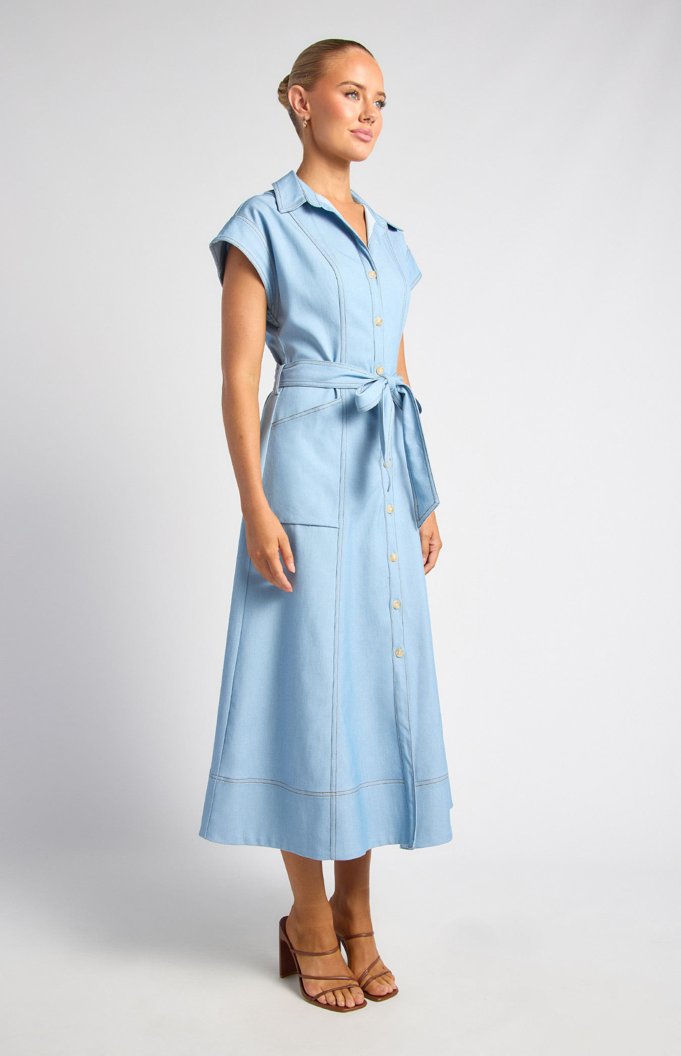 Cap Sleeves Cotton Chambray Shirt Dress (SDR1912A)