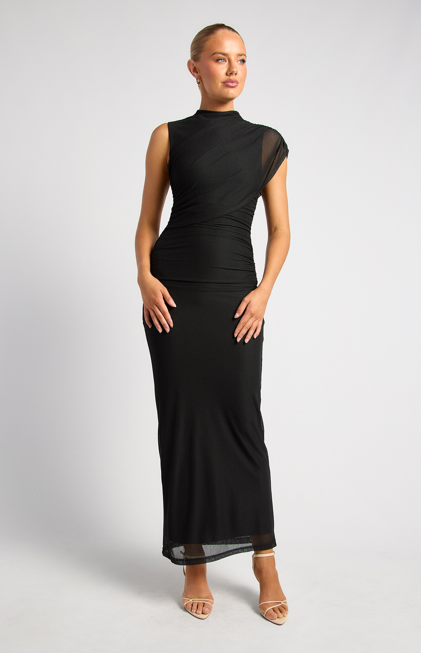 Draped Neckline Textured Mesh Maxi Dress (SDR1925A)