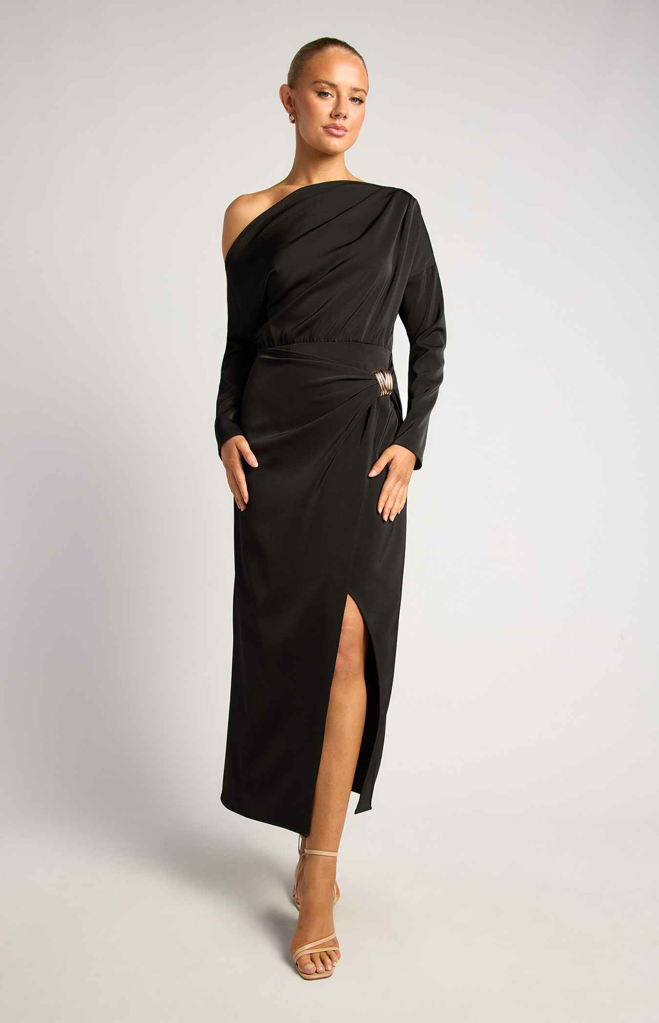 Asymmetric Neckline Satin Dress With Gold Buckle (SDR1935A)