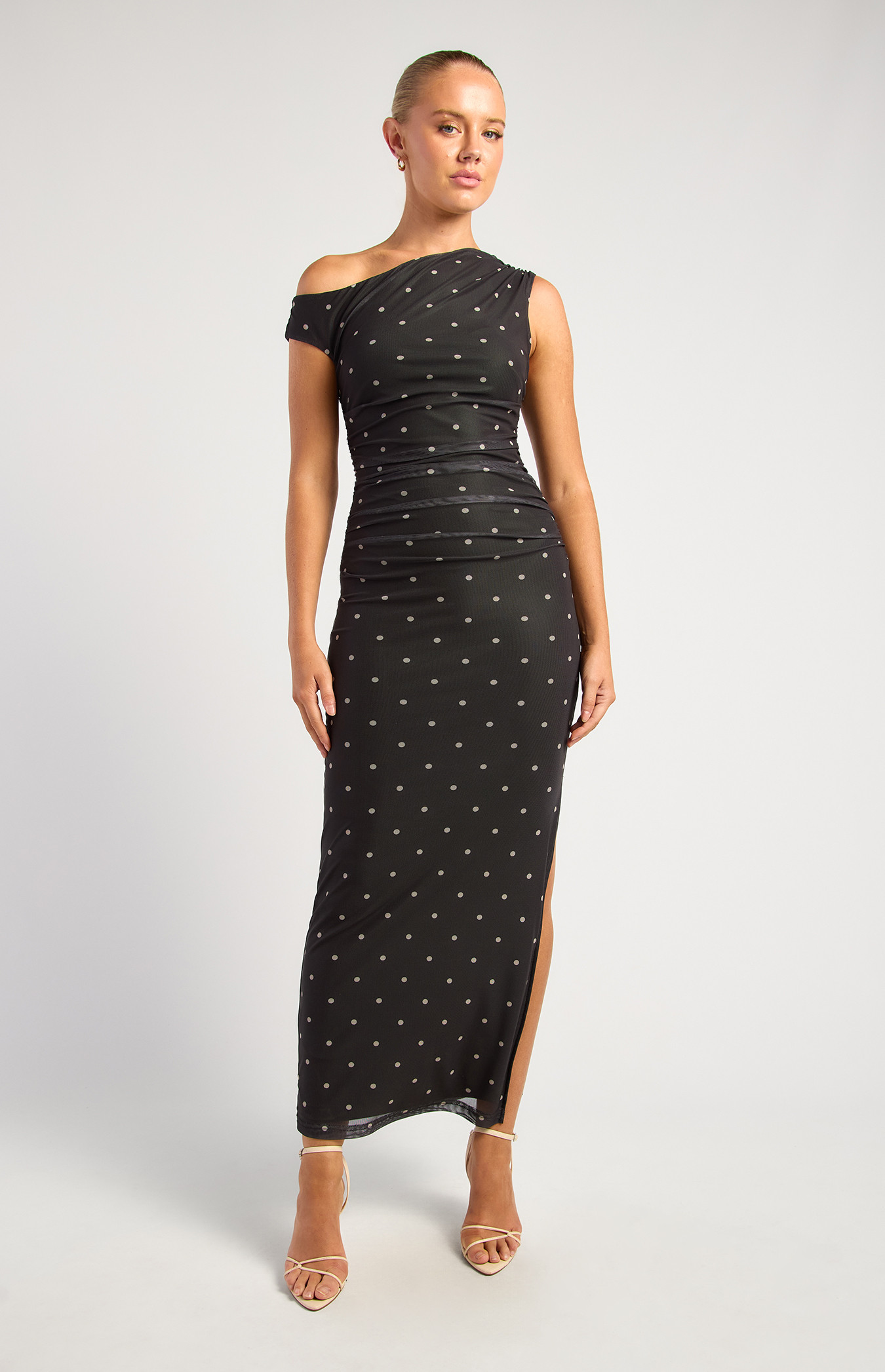 Polkadot Print Asymmetric Neckline Mesh Dress (SDR1937A)