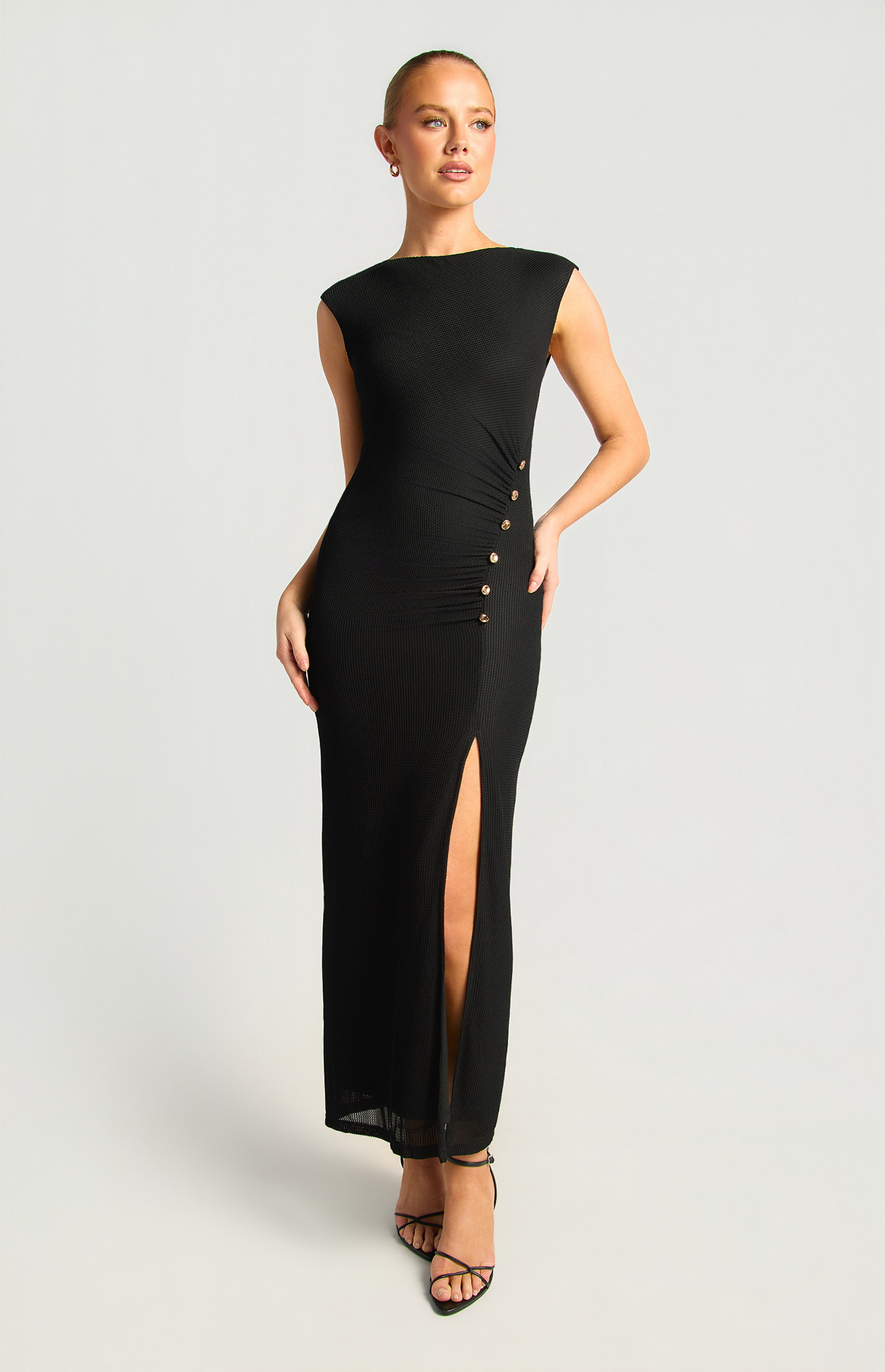 Front Ruched Gold Buttons Detail Textured Jersey Dress (SDR1963B)
