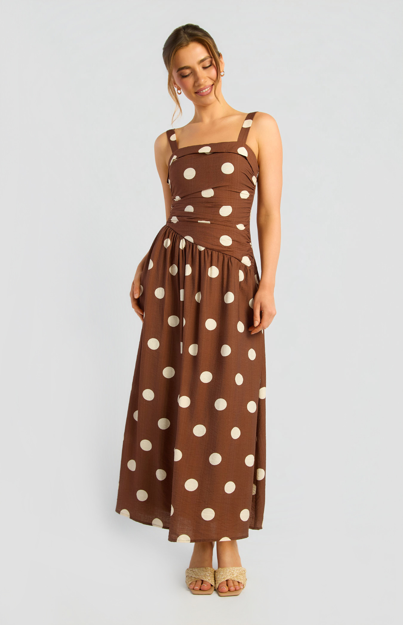 Asymmetric Ruched Waist Detail Polkadot Print Dress (SDR1995A)