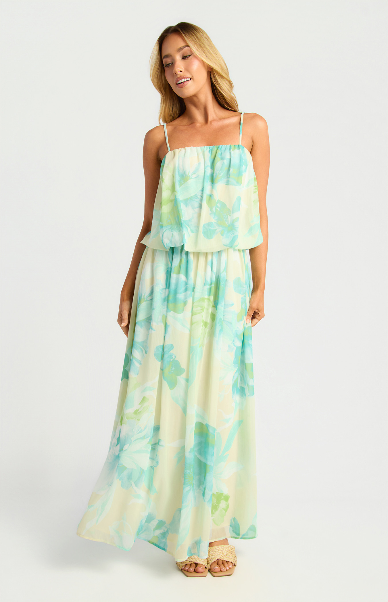 Bubble Waist Floral Chiffon Maxi Dress (SDR2009A)