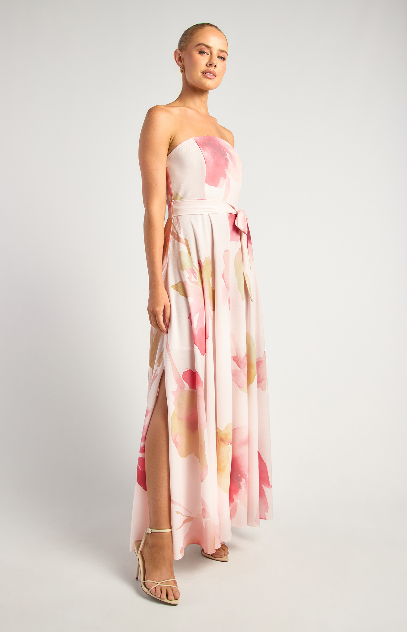 Floral Strapless Maxi Dress With Waist Tie (SDR342-23A)