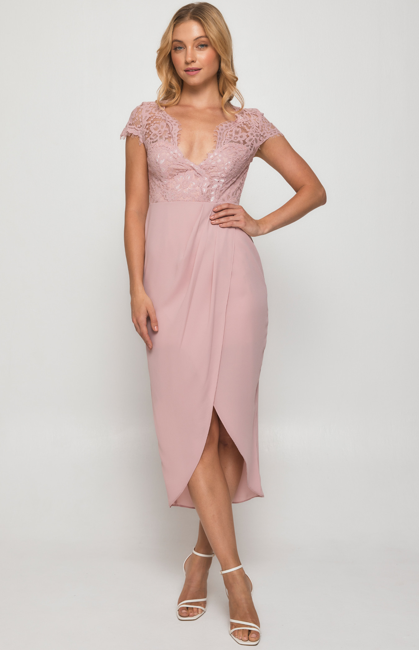 Asymmetric Hemline Dress with Embroidery Lace Top (SDR411A)