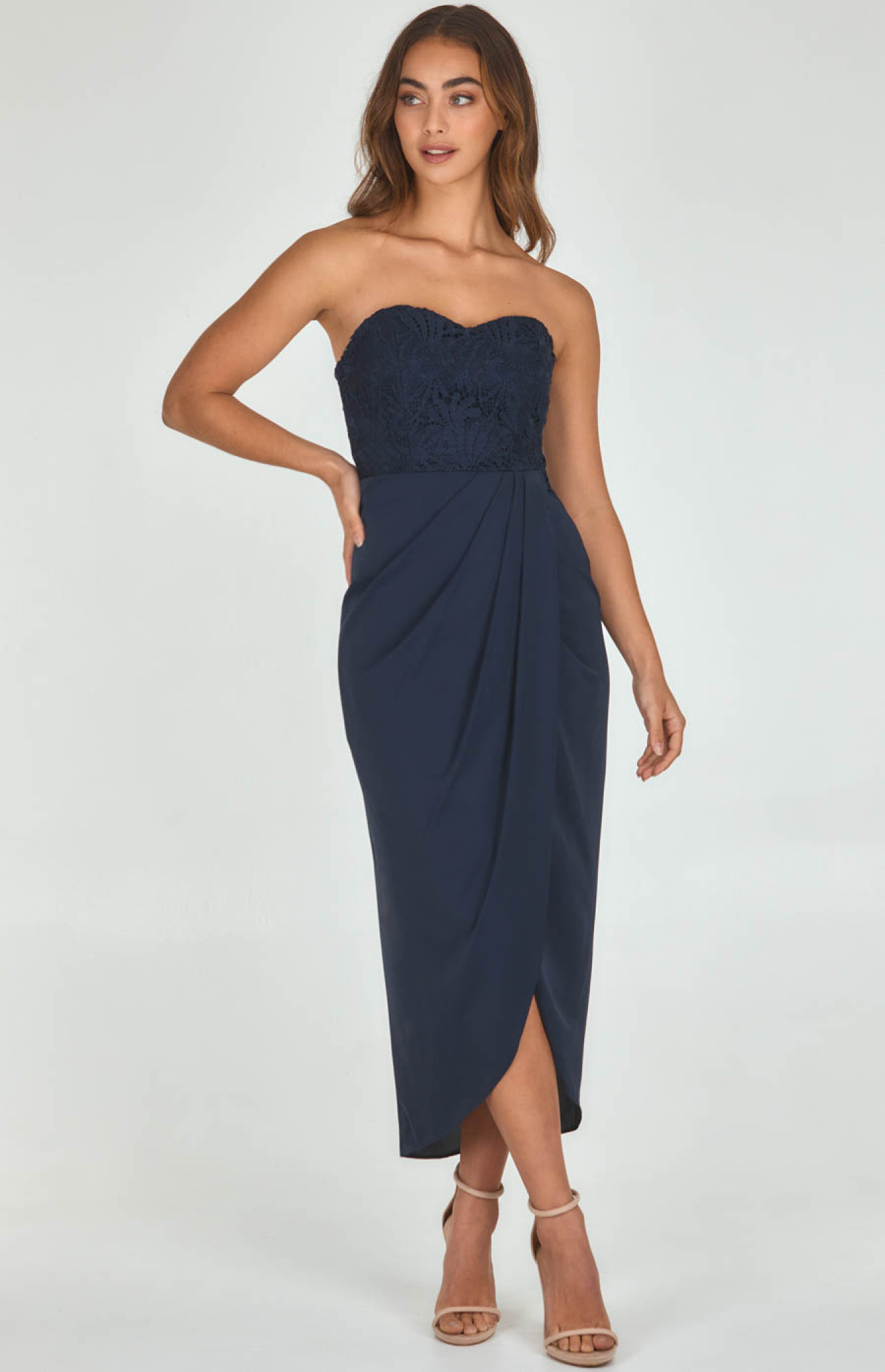 Lace Bodice Dress with Contrast Draped Hem (SDR501A)