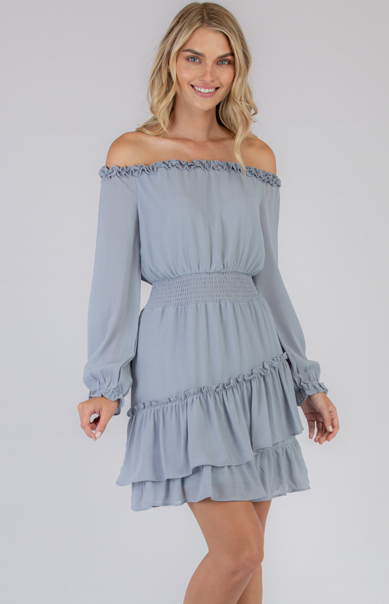 OFF SHOULDER SHIRRED DRESS FOREVER FAR
