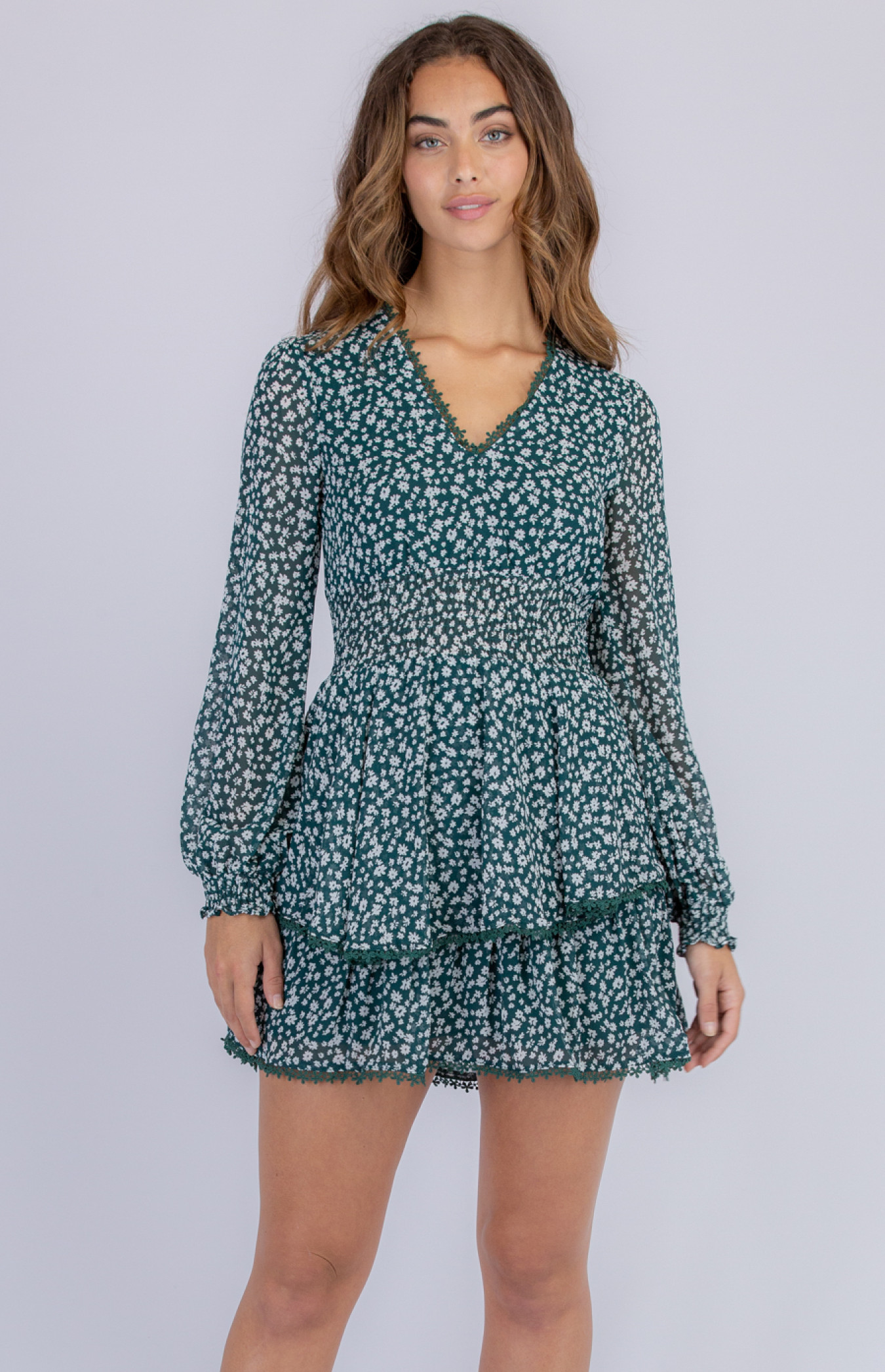 Floral V Neckline Dress with Shirred Waist and Trim Details (SDR812A ...