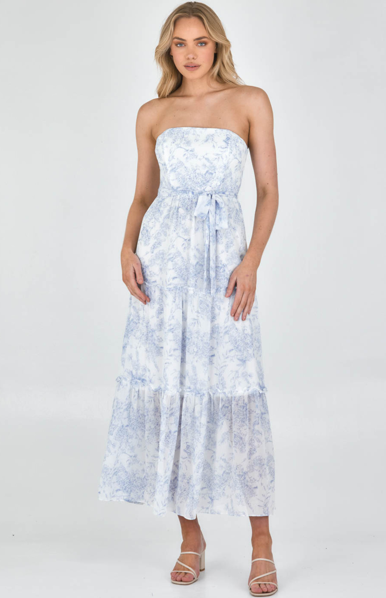 Printed Strapless Maxi Dress with Tiered Hem (SDR968B) 