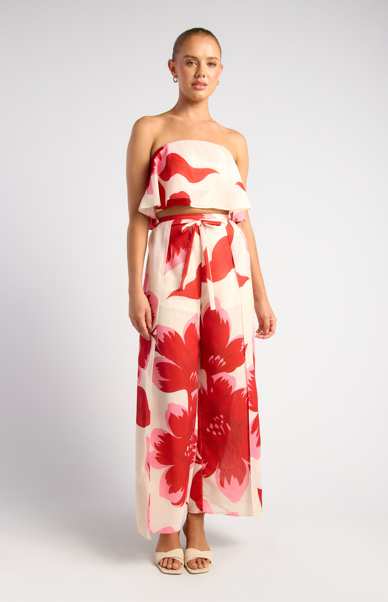 Faux Linen Floral Print Strapless Top And Leg Split Detail Pants Set (SET3-11A)