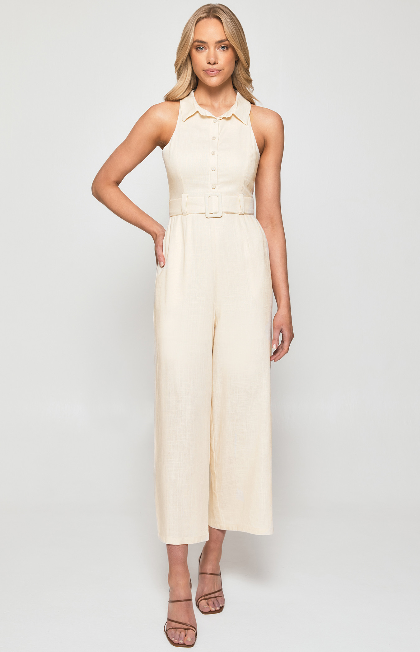 8993 Beige Studs Detail Shirt Collar Jumpsuit