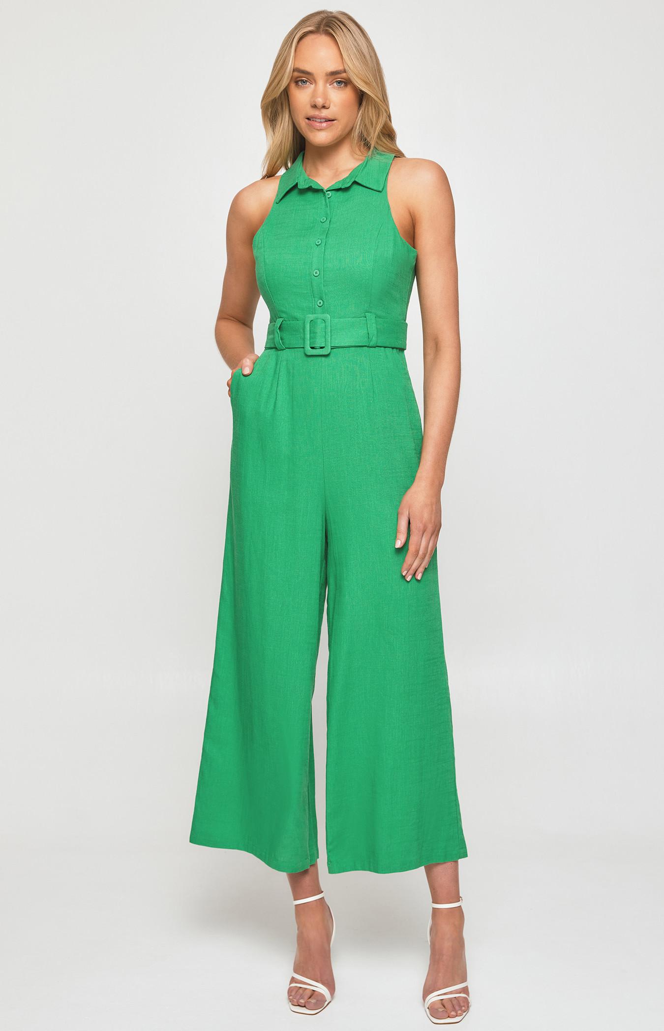 Textured Collared Jumpsuit with Front Button and Buckle Details (SJP509B)
