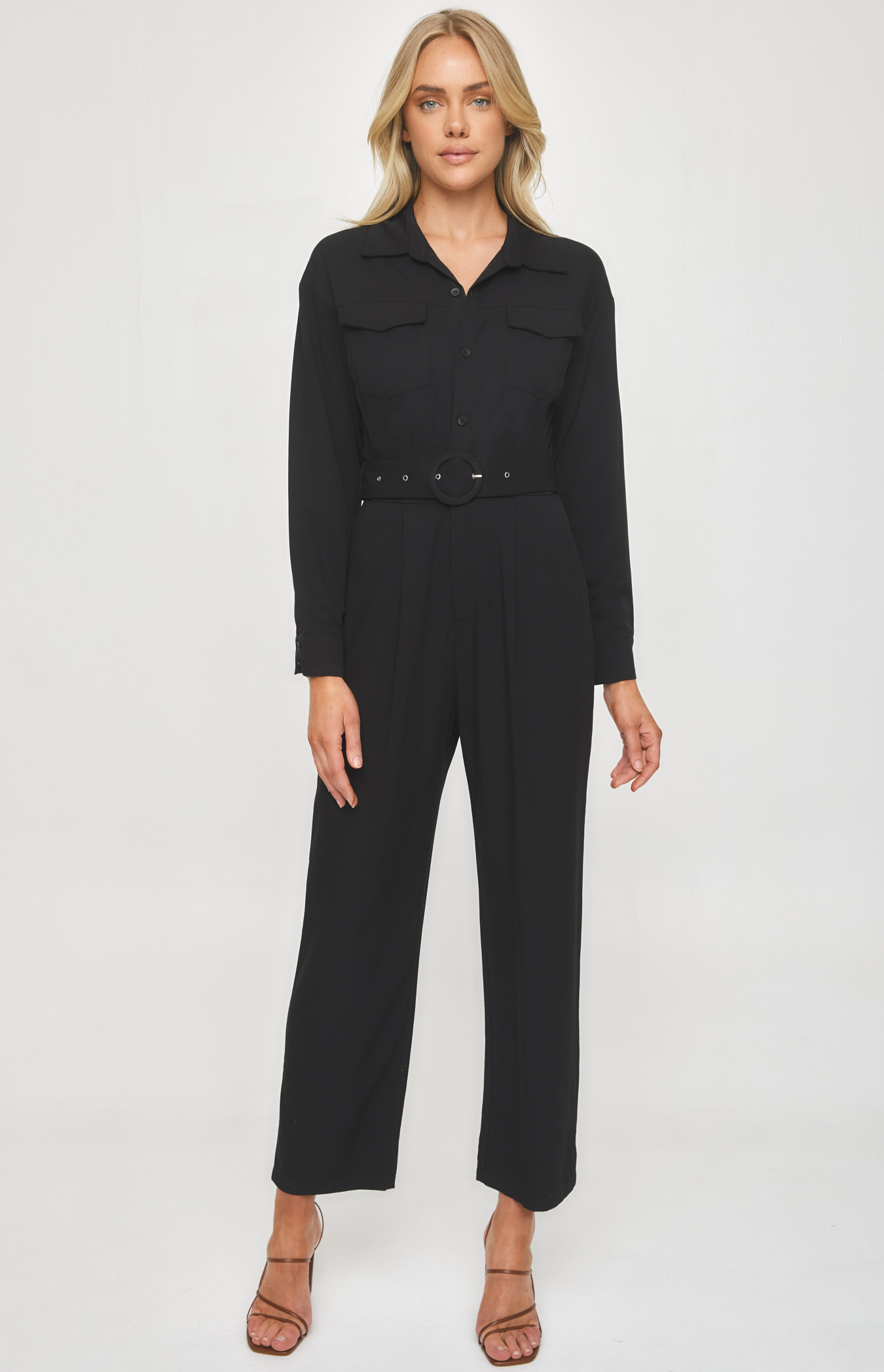 Utility Jumpsuit with Round Buckle and Front Pockets (SJP528A) | Style ...