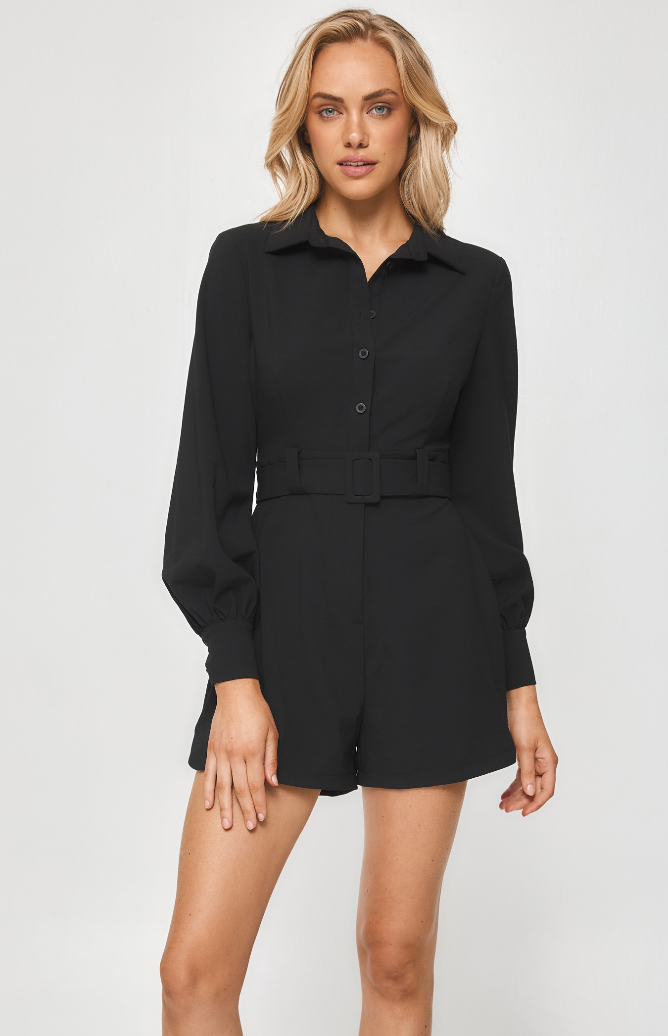 Collared Playsuit with Shirt Details and Belt (SJP529B)