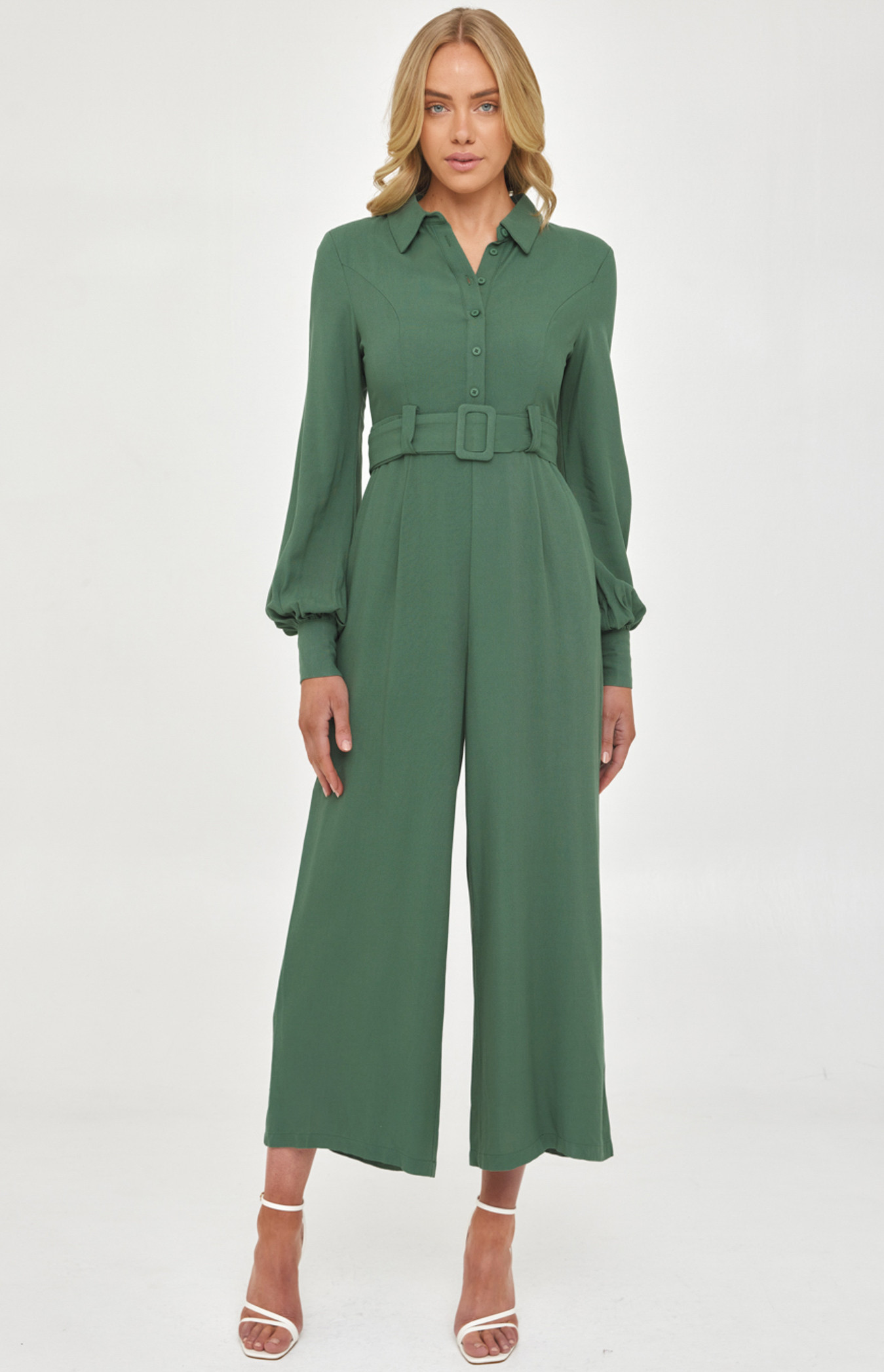 Collared Shirt Style Jumpsuit with Self Fabric Buckle (SJP535A) 