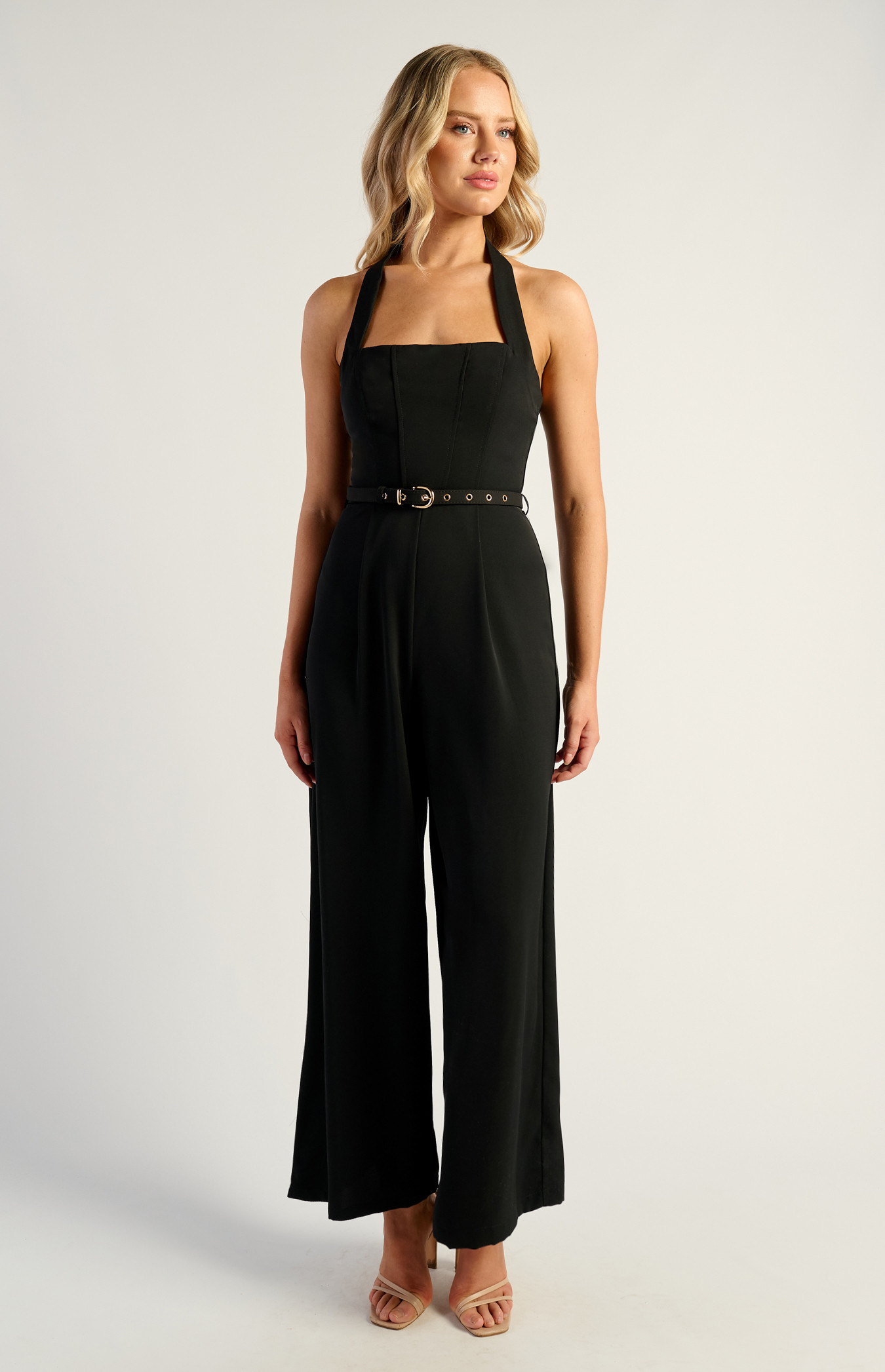 Halter Neckline Jumpsuit With Gold Buckle And Eyelet Belt Detail (SJP614A)