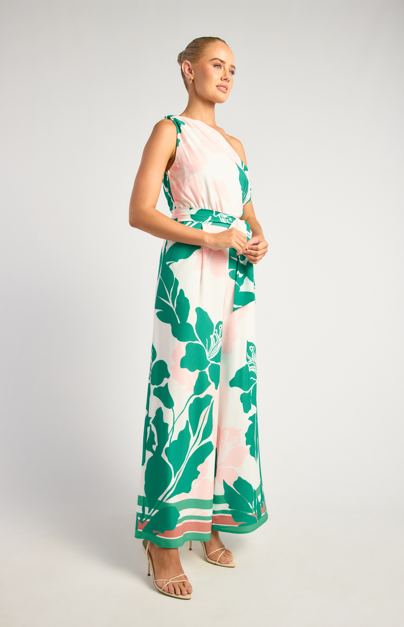 One Shoulder Jumpsuit Floral Placement Print With Tie Belt (SJP616-2A)