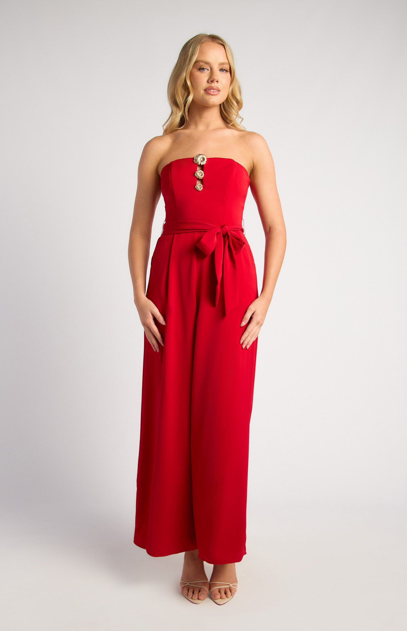Gold Floral Feature Cut Out Neckline Strapless Wide Leg Jumpsuit (SJP619A)