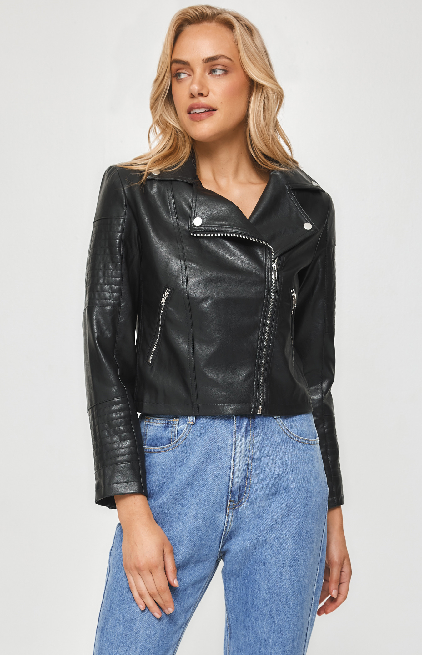 Faux Leather Jacket with Stitch Panel Detailing (SJT362A) | Style State