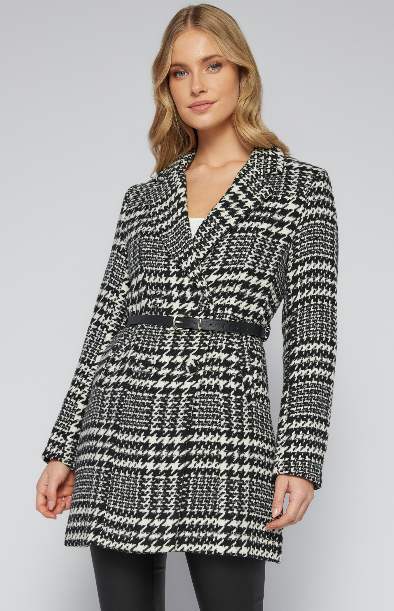 Houndstooth Faux Wool Coat with Contrast Belt (SJT369-2A)
