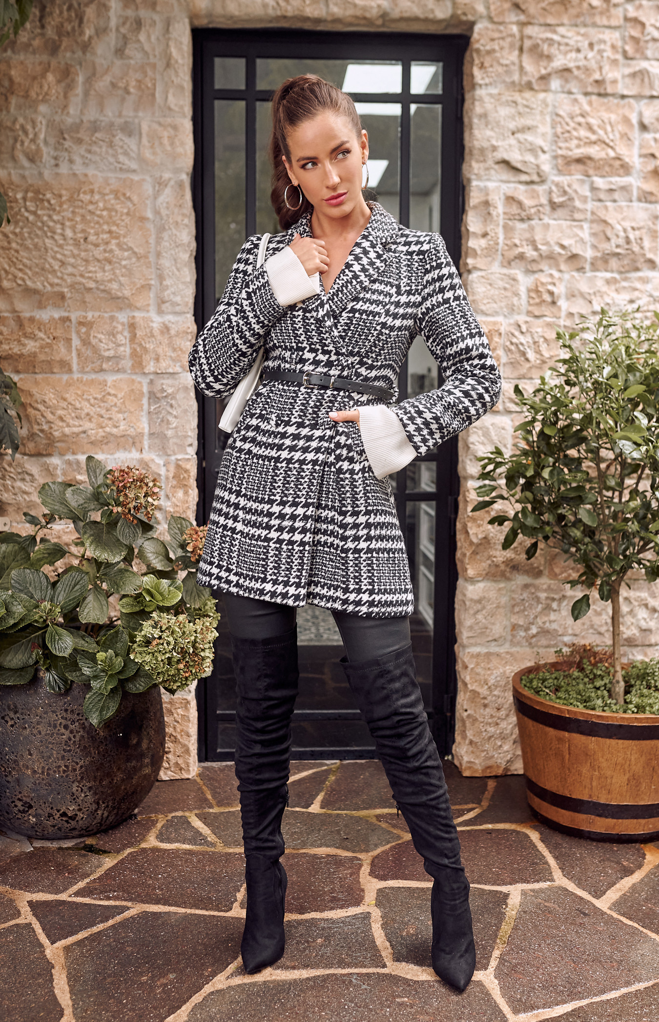 Houndstooth Faux Wool Coat with Contrast Belt (SJT369-2A)