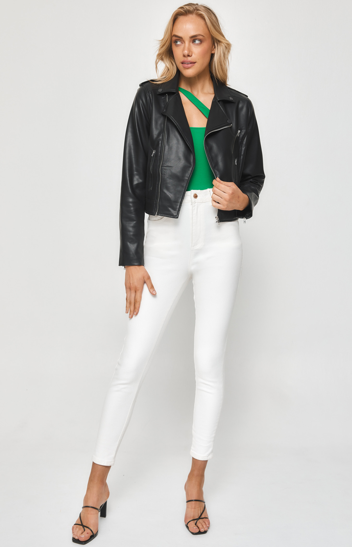 Faux Leather Jacket with Zip and Pocket Details (SJT381B)