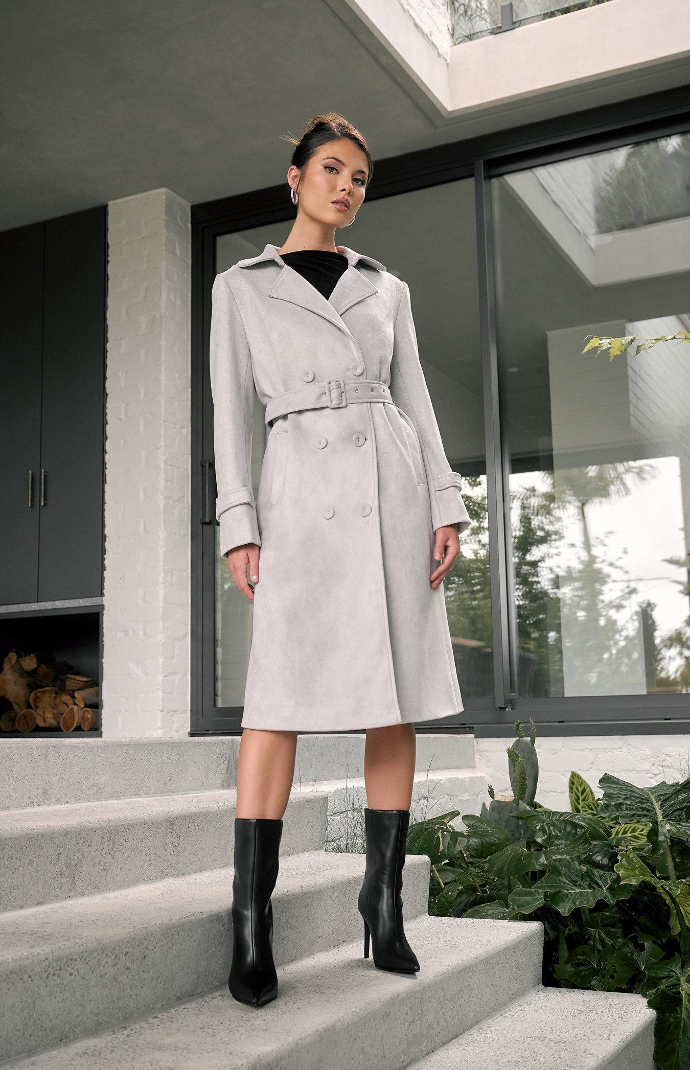 Longline Suede Coat with Self Fabric Buttons and Buckle (SJT392B)