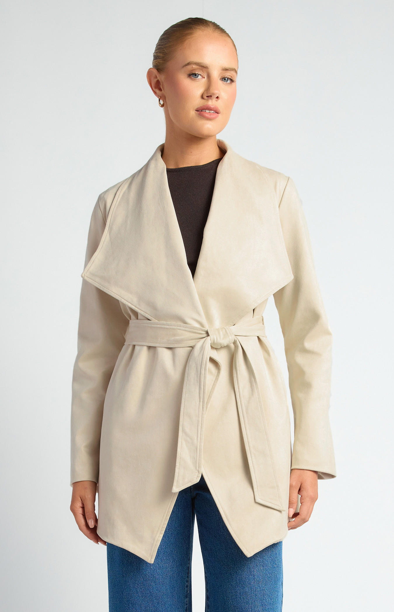 Faux Suede Waterfall Jacket With Waist Tie And  Pockets (SJT409A)