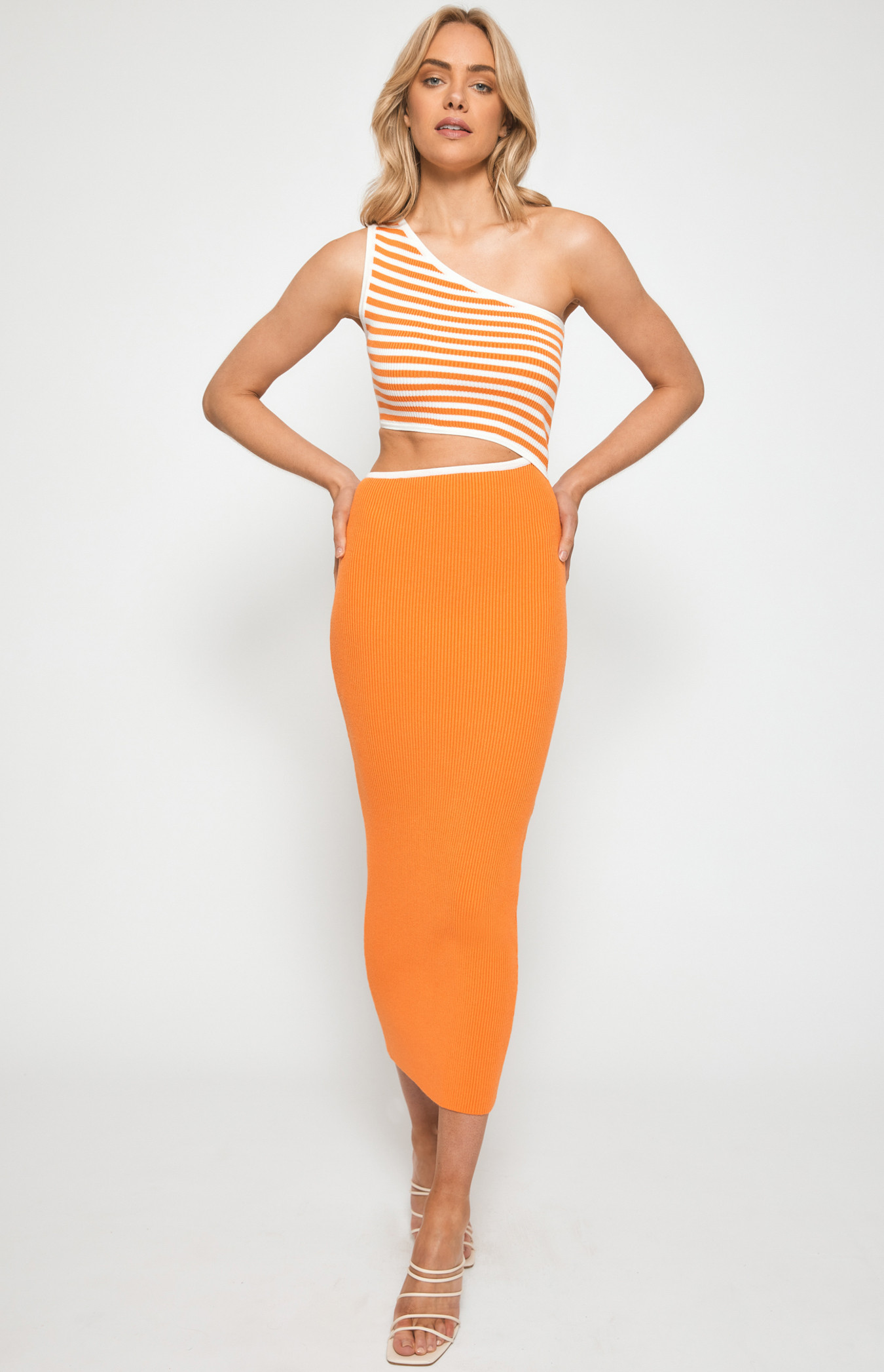 One Shoulder Stripe Contrast Panel Knit Midi Dress (SKN620) 