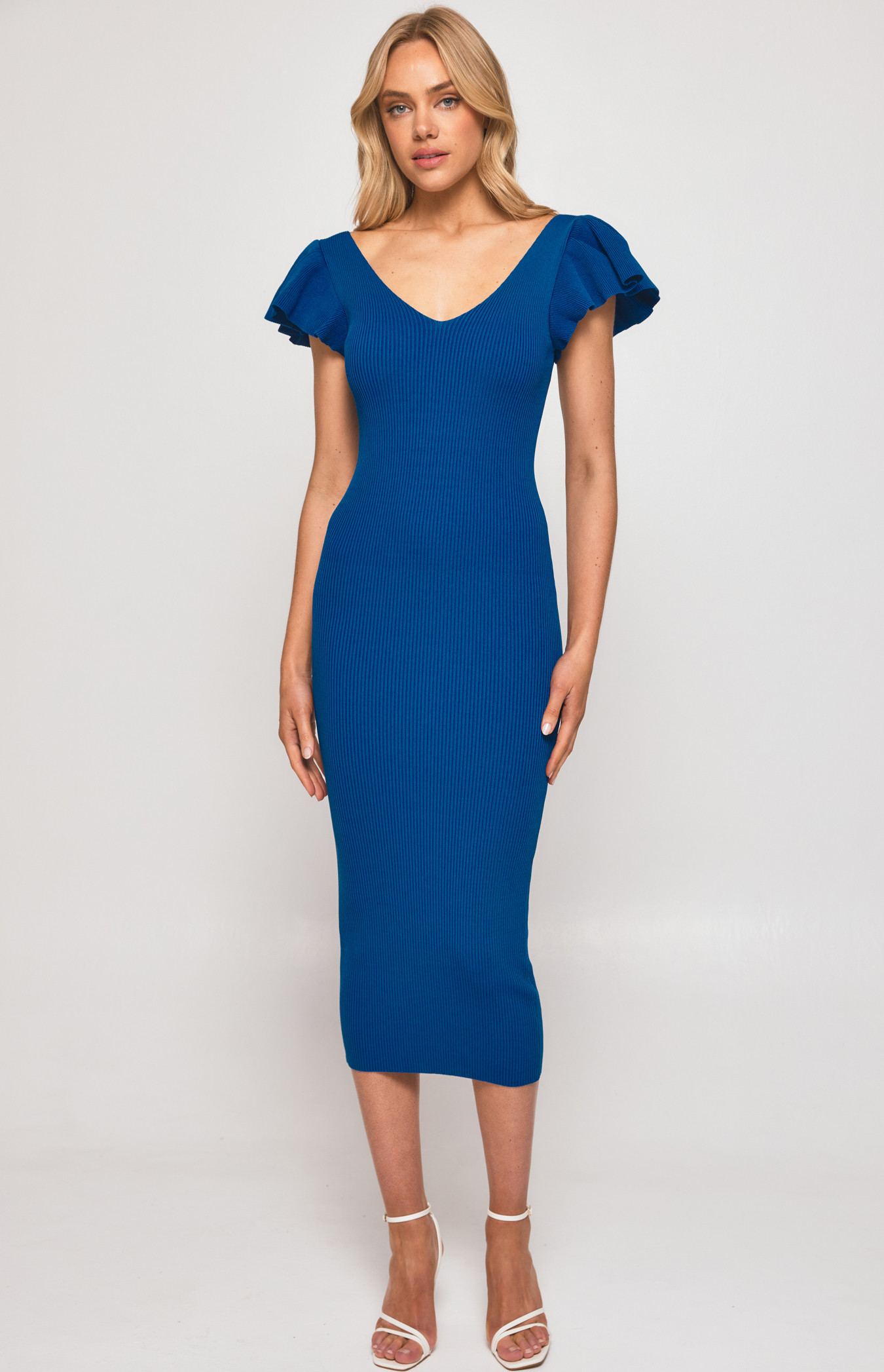 Ribbed Knit Midi Dress with Ruffle Sleeve Feature (SKN647) | Style State