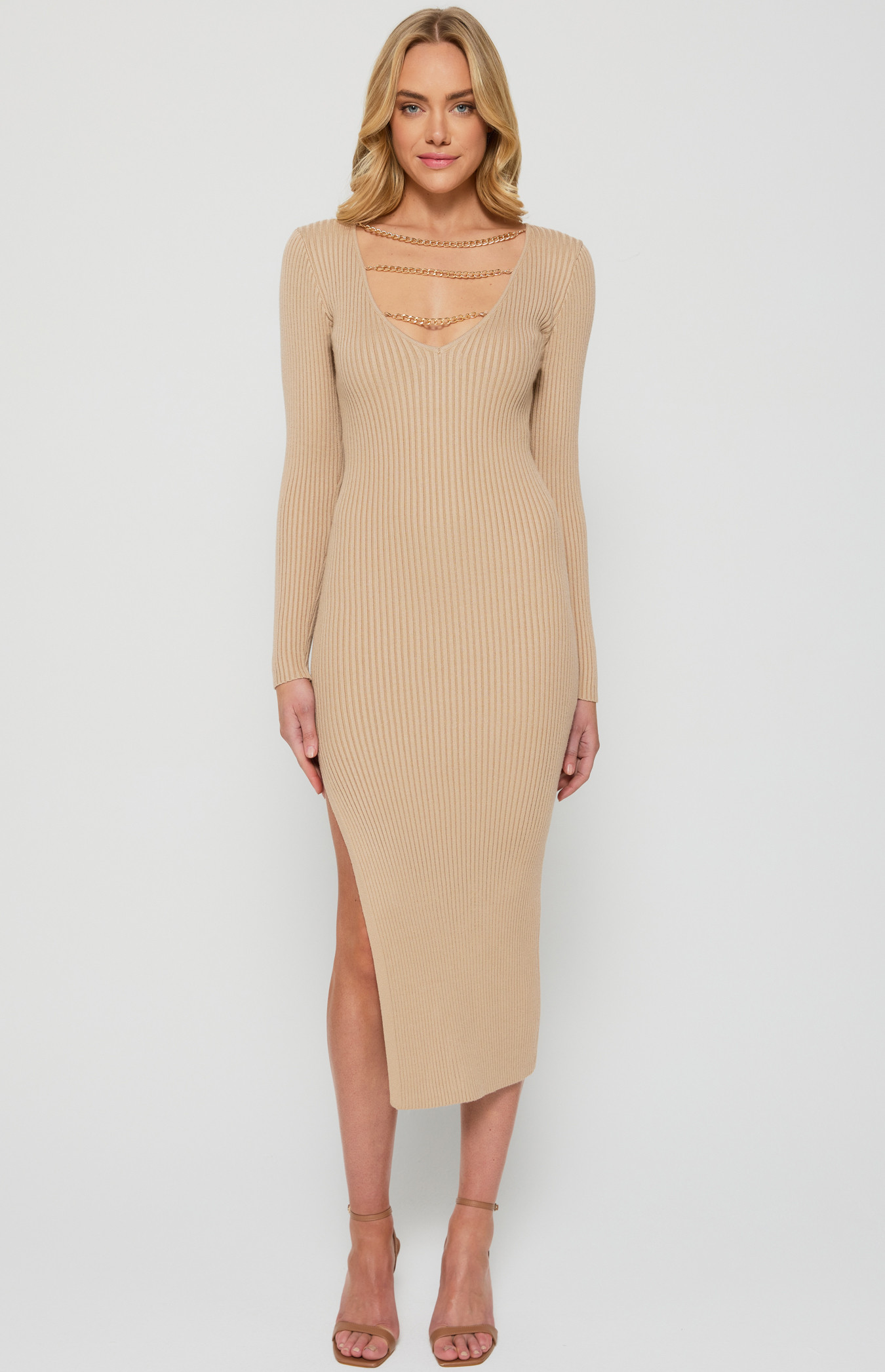 Ribbed Knit Midi Dress with Chain Detail Low Back (SKN737) | Style State