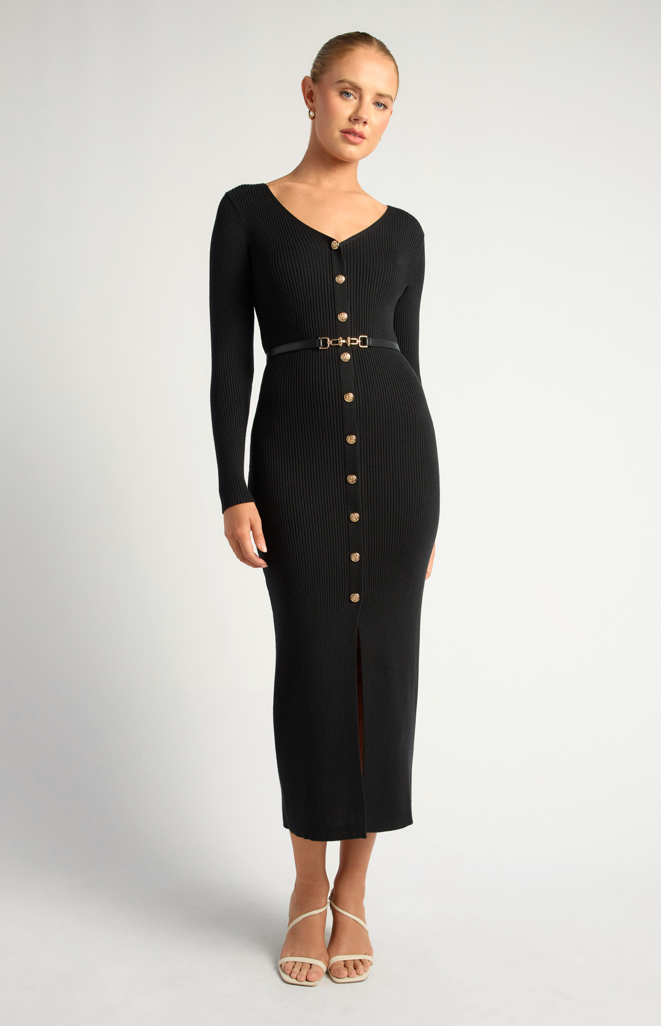 Gold Button Up Detail Knit Dress with Faux Leather Belt Accessory (SKN905)
