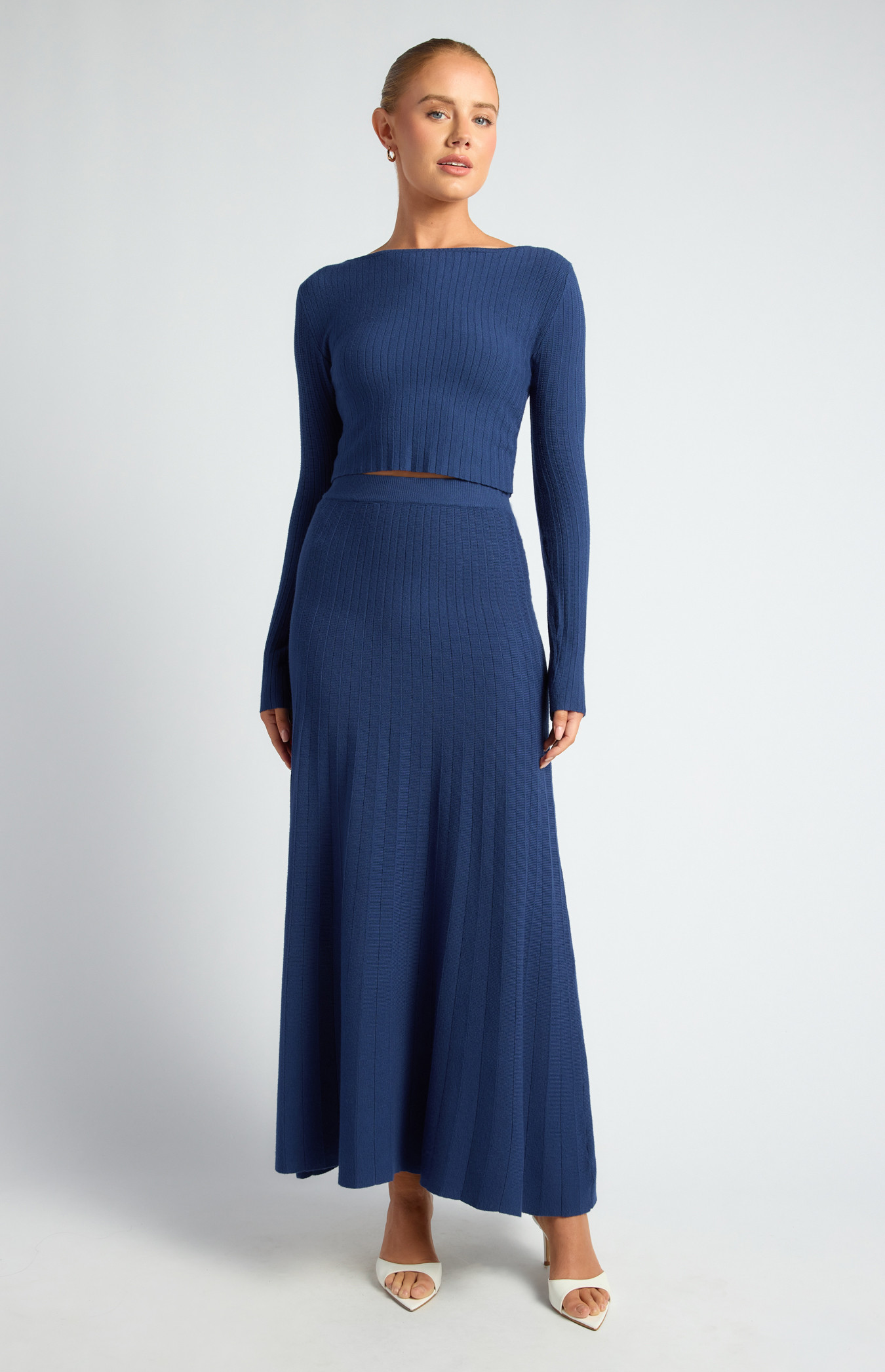 Boat Neckline Top and Pleated A-Line Maxi Skirt Knit Set (SKN906)